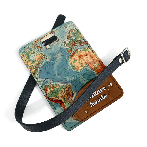 Adventure Awaits (World Map) PU Leather Luggage / Travel Bag Tag
