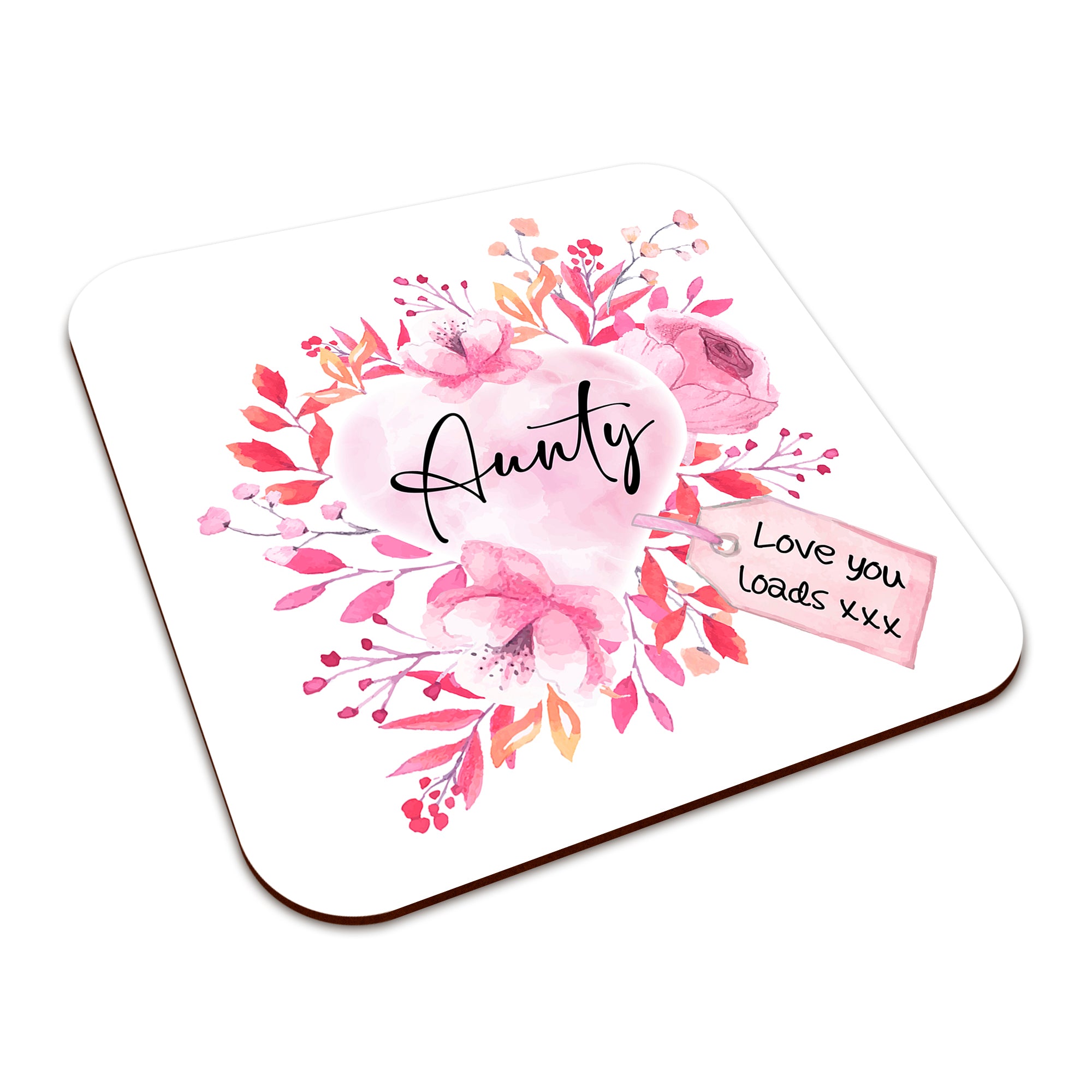 Floral Watercolour Heart With Tag (Relation) Square Smooth High-Gloss Finished Coaster