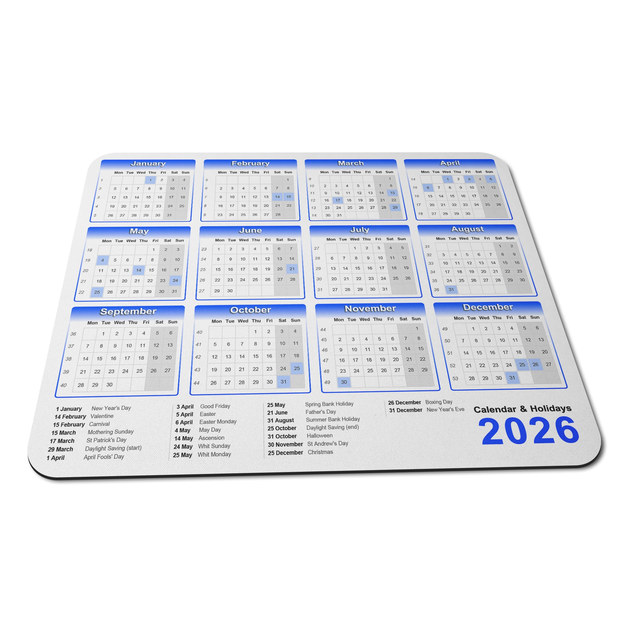 Calendar & Holidays 2026 Rubber Non-slip Computer PC Mousemat - Standard