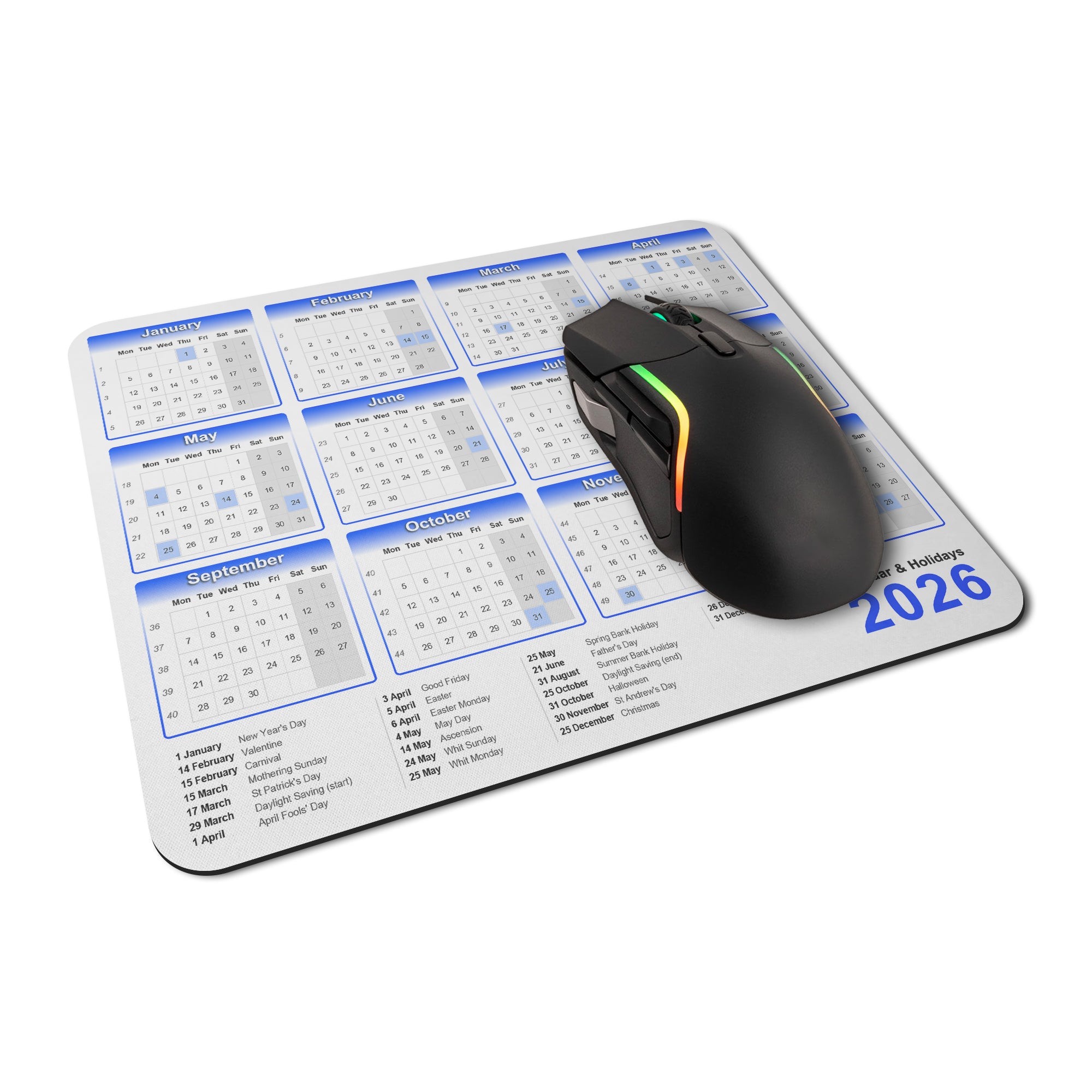 Calendar & Holidays 2026 Rubber Non-slip Computer PC Mousemat - Standard