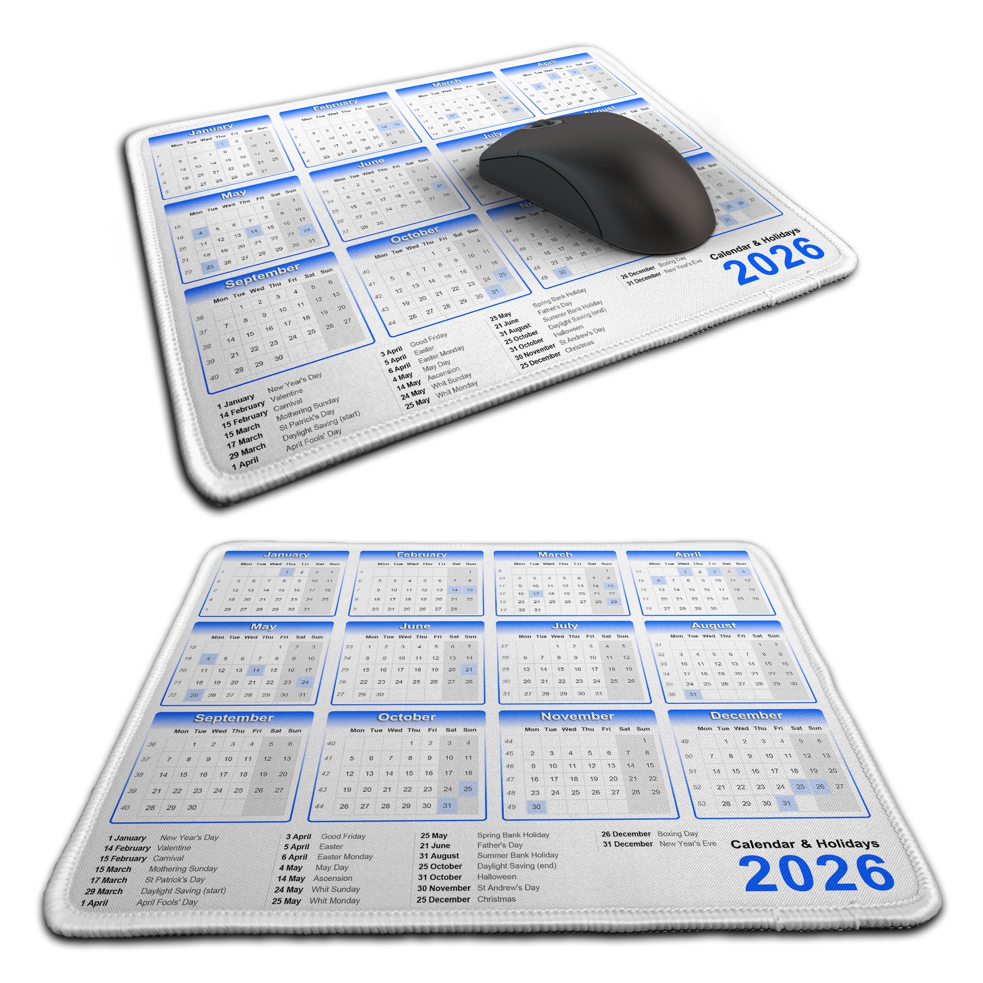 Calendar & Holidays 2026 Rubber Non-slip Computer PC Mousemat - Premium Stitched