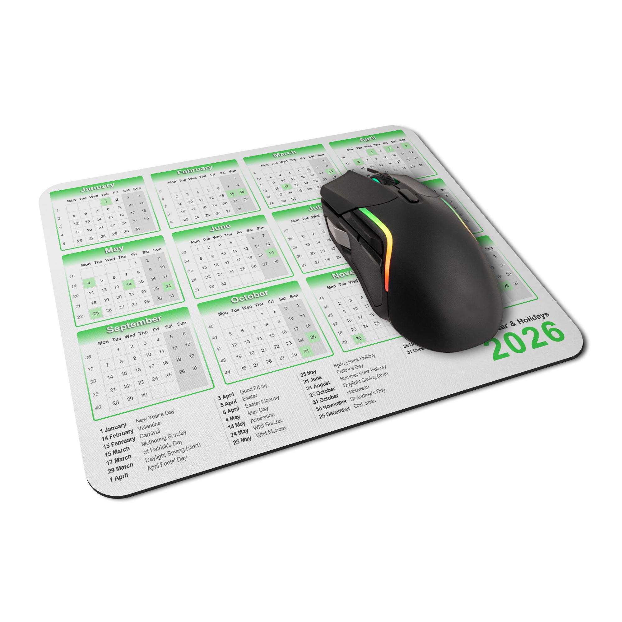 Calendar & Holidays 2026 Rubber Non-slip Computer PC Mousemat - Standard