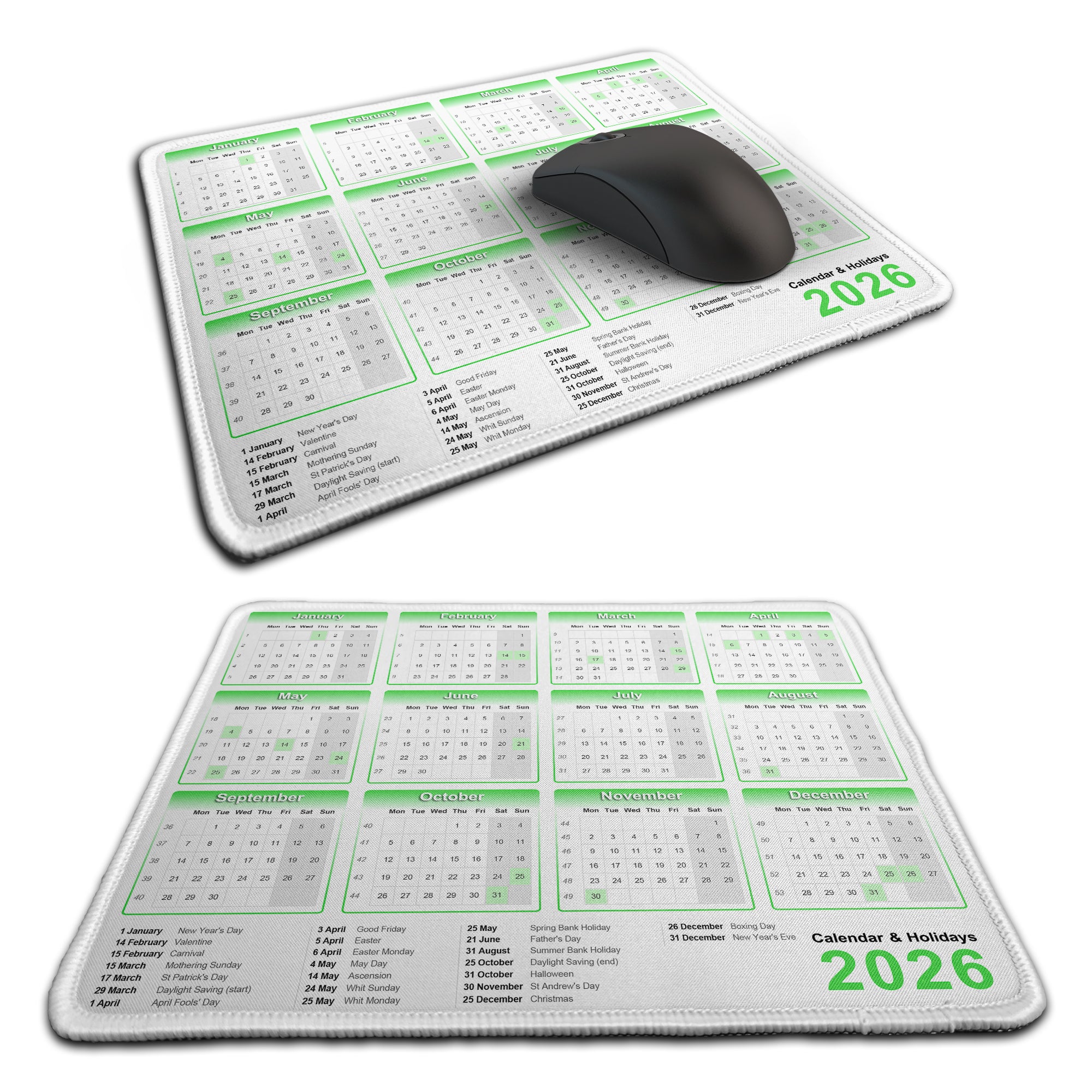Calendar & Holidays 2026 Rubber Non-slip Computer PC Mousemat - Premium Stitched
