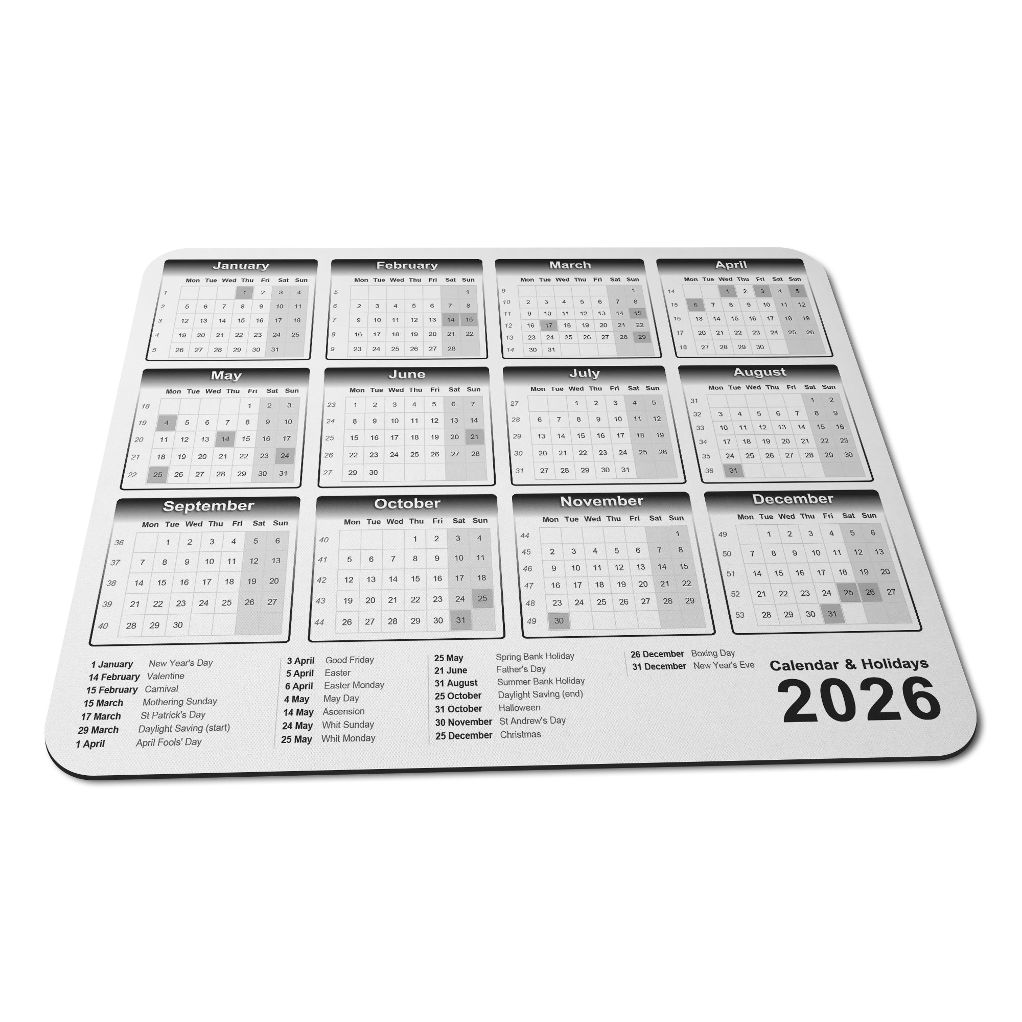 Calendar & Holidays 2026 Rubber Non-slip Computer PC Mousemat - Standard