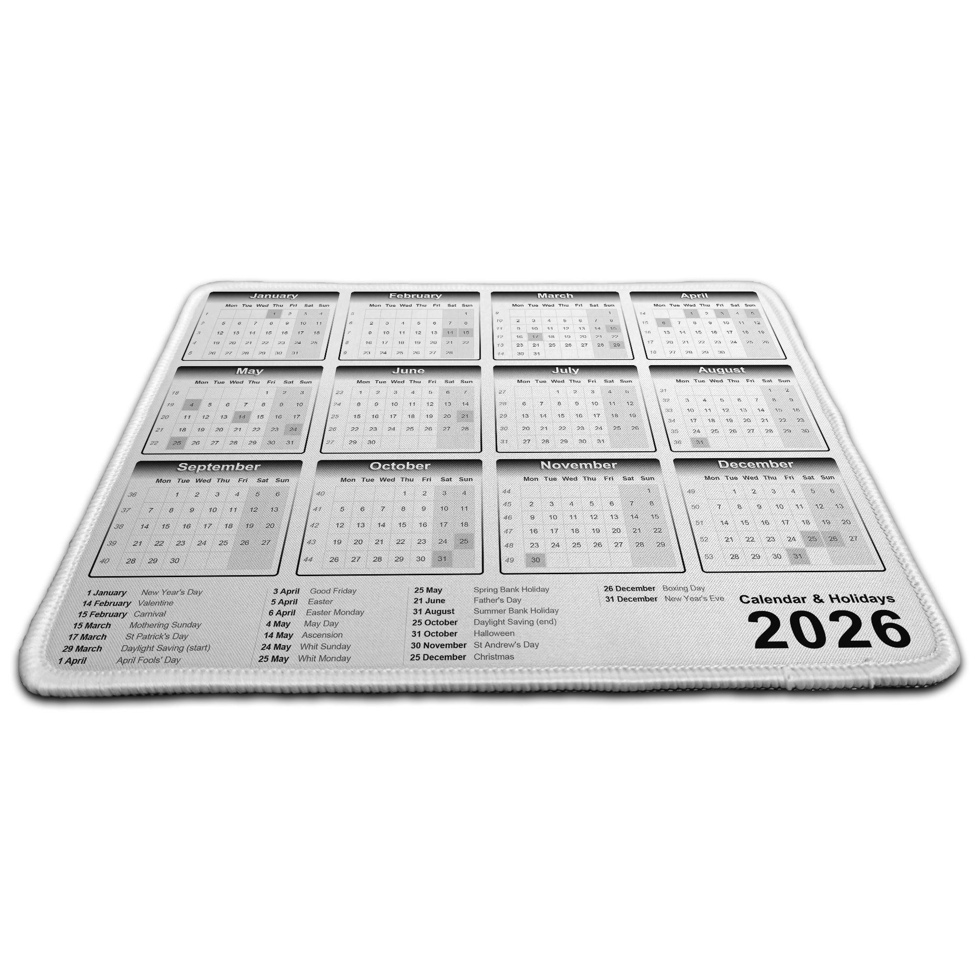 Calendar & Holidays 2026 Rubber Non-slip Computer PC Mousemat - Premium Stitched