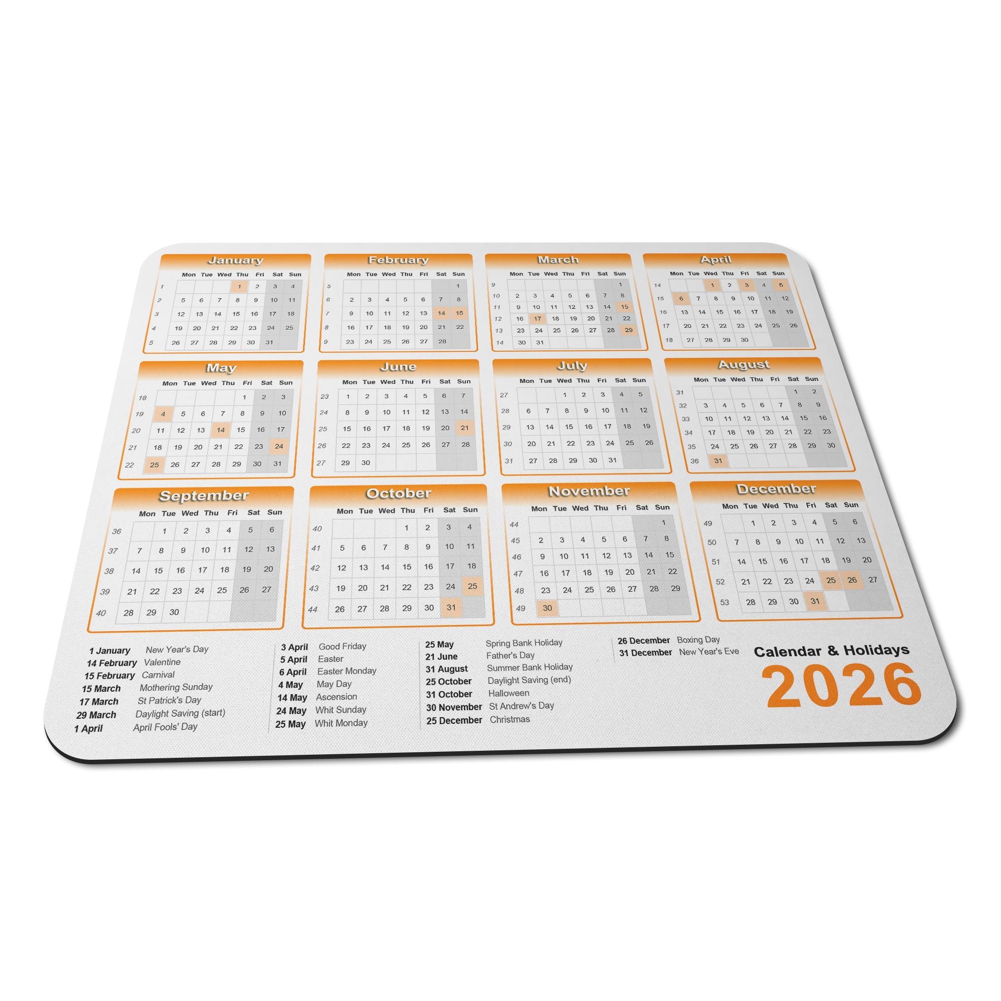Calendar & Holidays 2026 Rubber Non-slip Computer PC Mousemat - Standard
