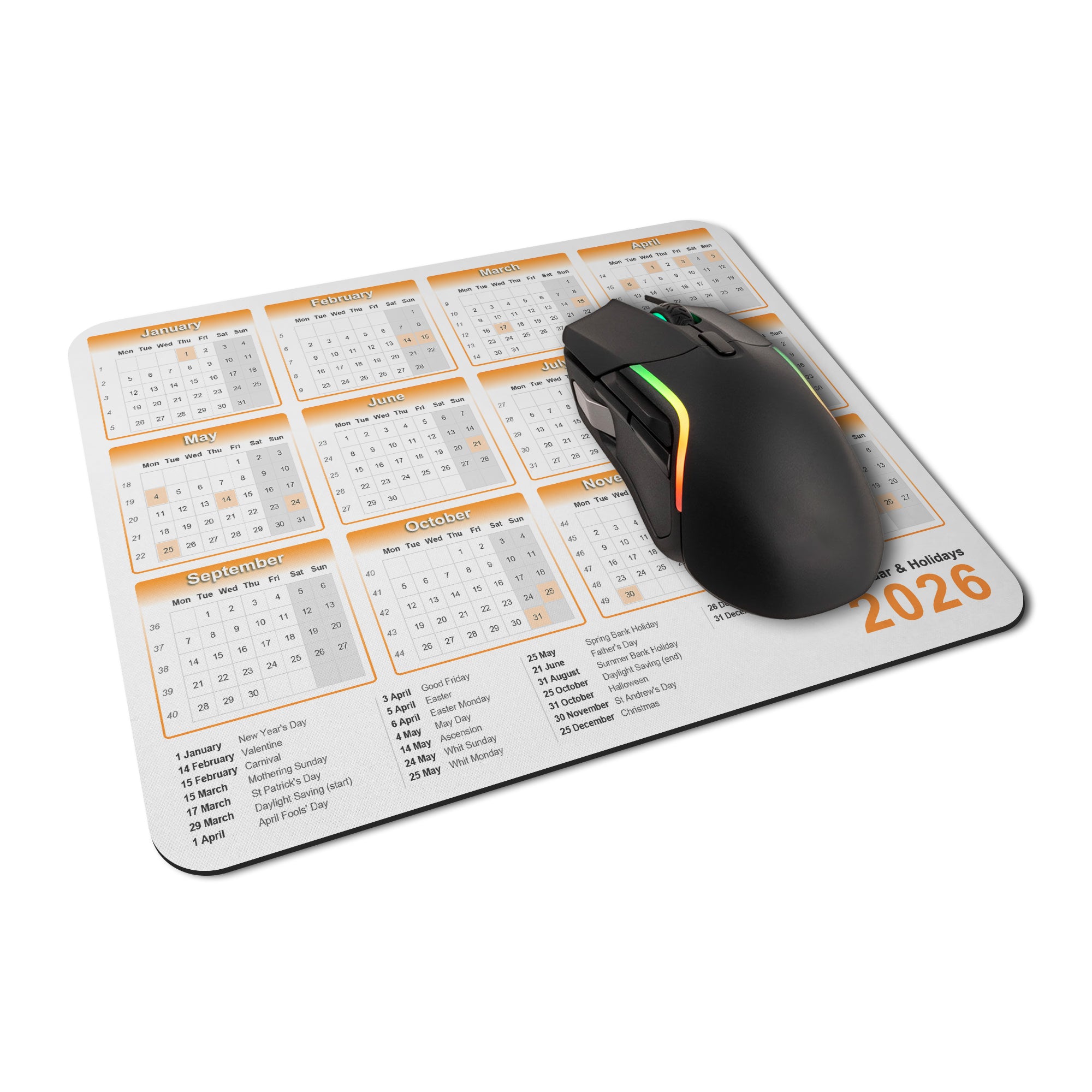 Calendar & Holidays 2026 Rubber Non-slip Computer PC Mousemat - Standard