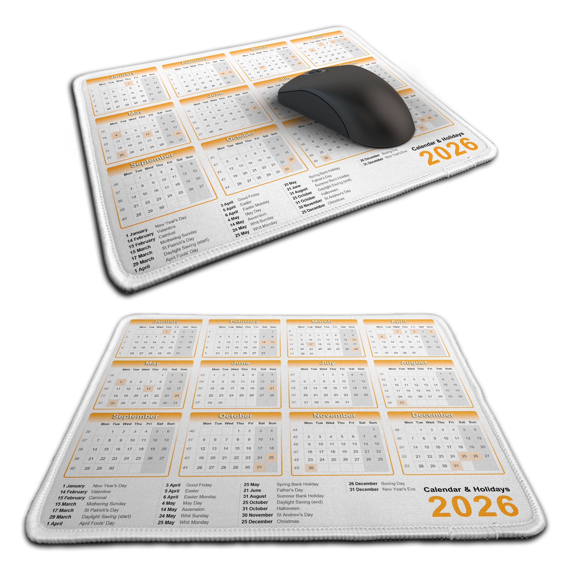 Calendar & Holidays 2026 Rubber Non-slip Computer PC Mousemat - Premium Stitched