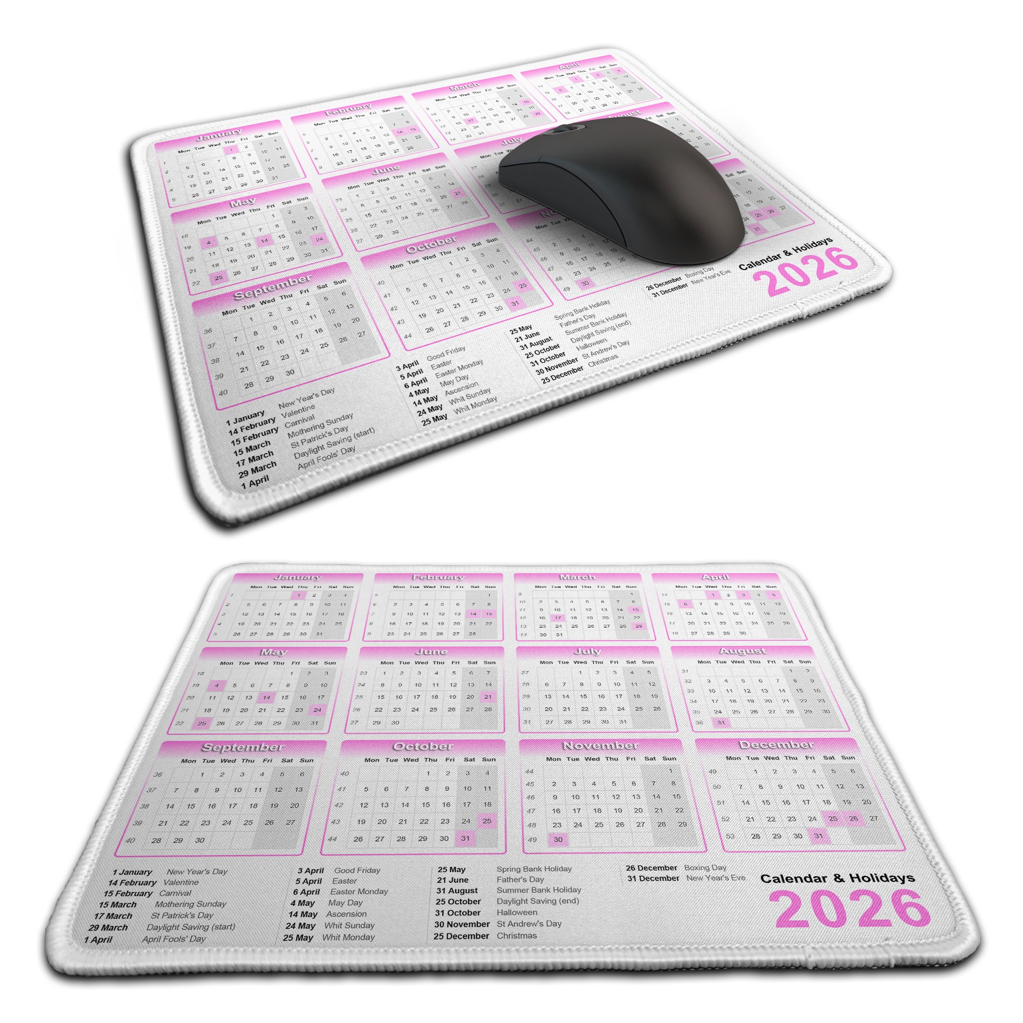 Calendar & Holidays 2026 Rubber Non-slip Computer PC Mousemat - Premium Stitched