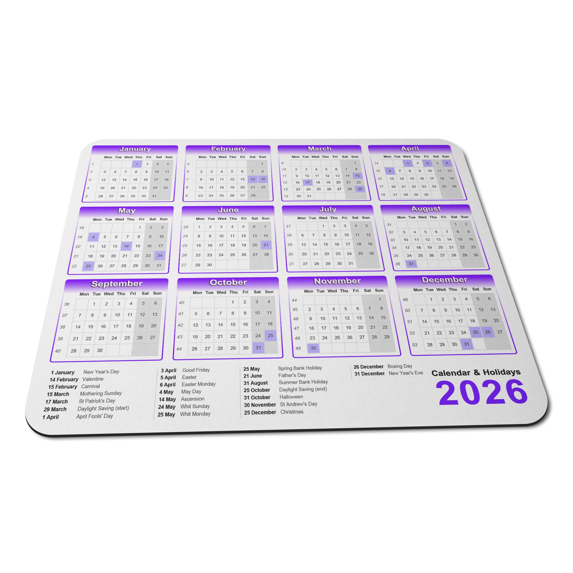 Calendar & Holidays 2026 Rubber Non-slip Computer PC Mousemat - Standard