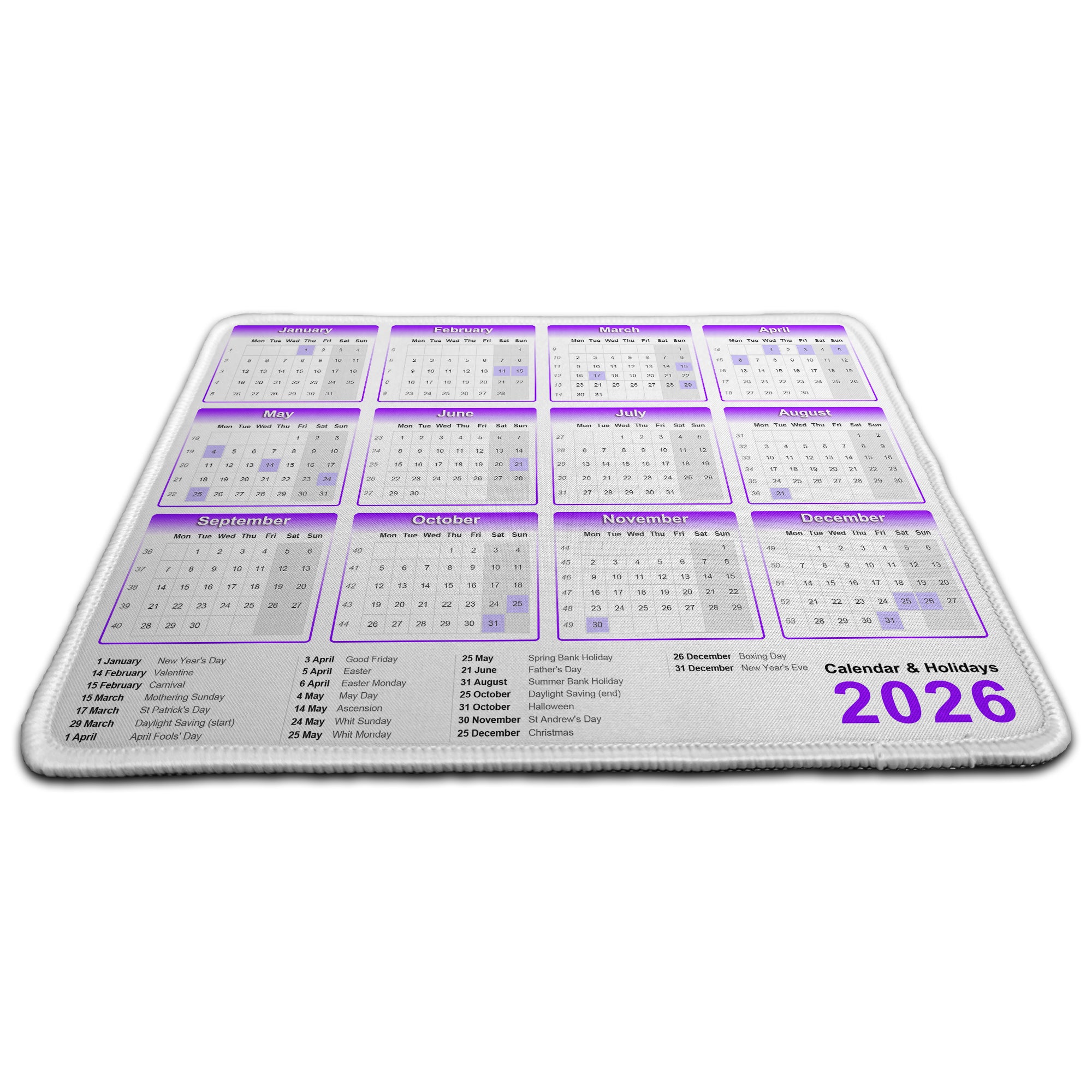 Calendar & Holidays 2026 Rubber Non-slip Computer PC Mousemat - Premium Stitched