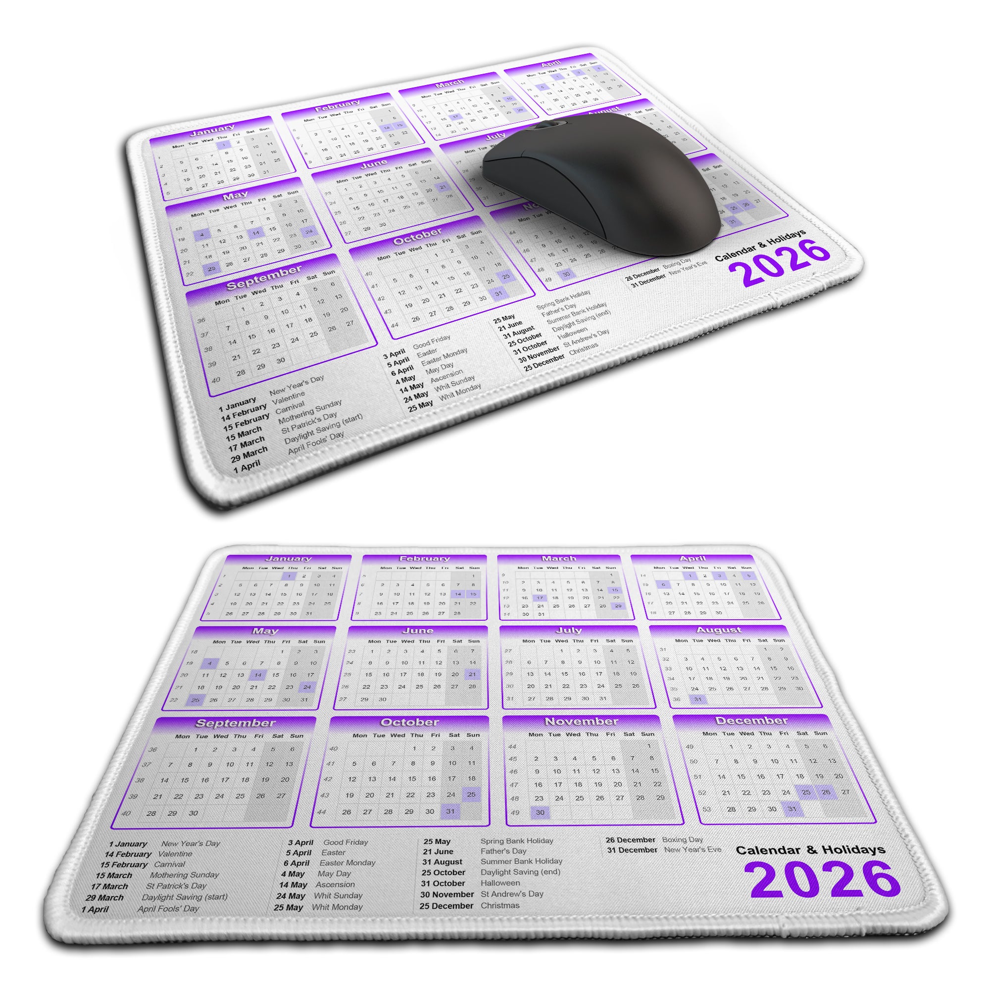 Calendar & Holidays 2026 Rubber Non-slip Computer PC Mousemat - Premium Stitched