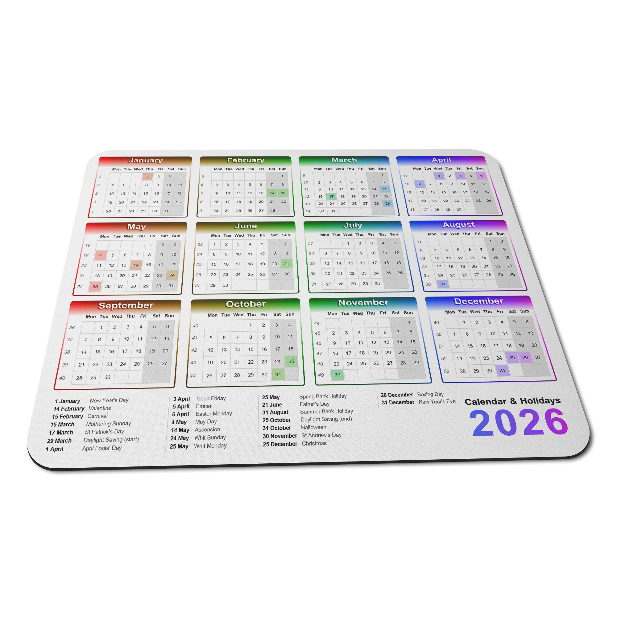 Calendar & Holidays 2026 Rubber Non-slip Computer PC Mousemat - Standard