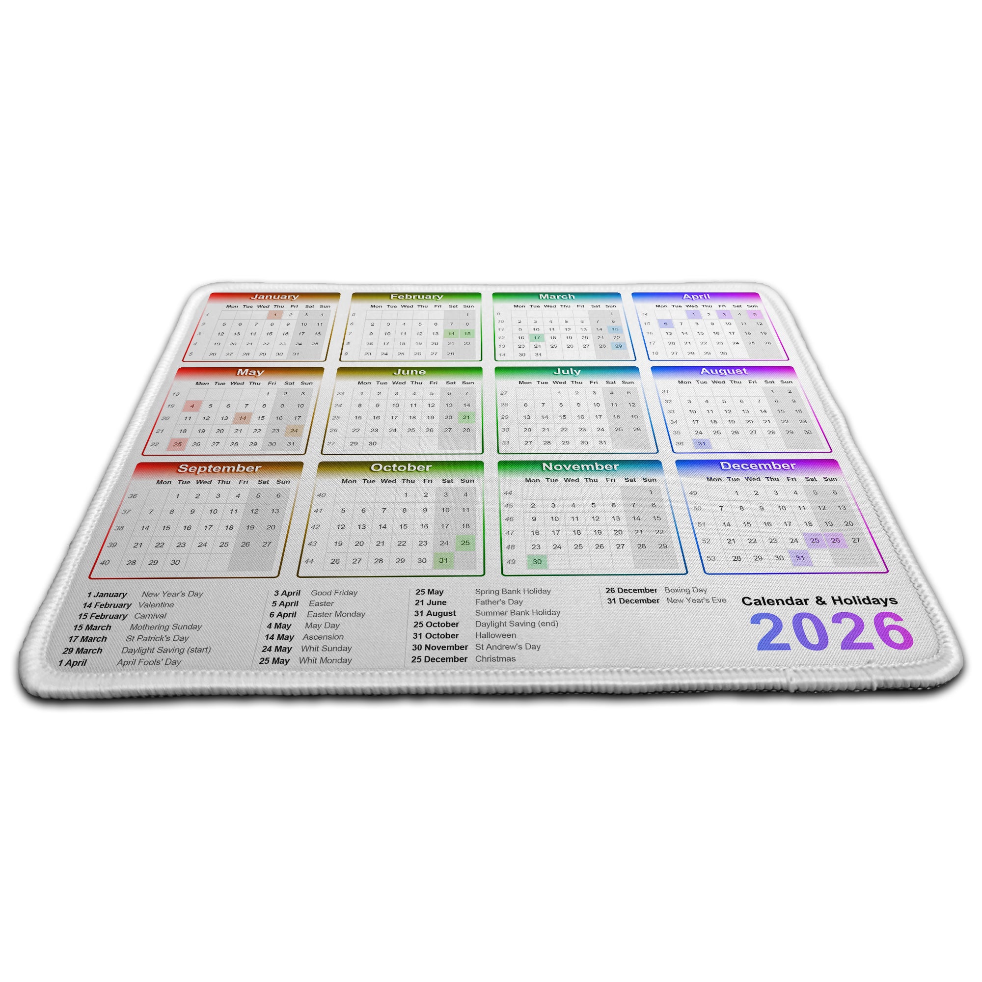 Calendar & Holidays 2026 Rubber Non-slip Computer PC Mousemat - Premium Stitched