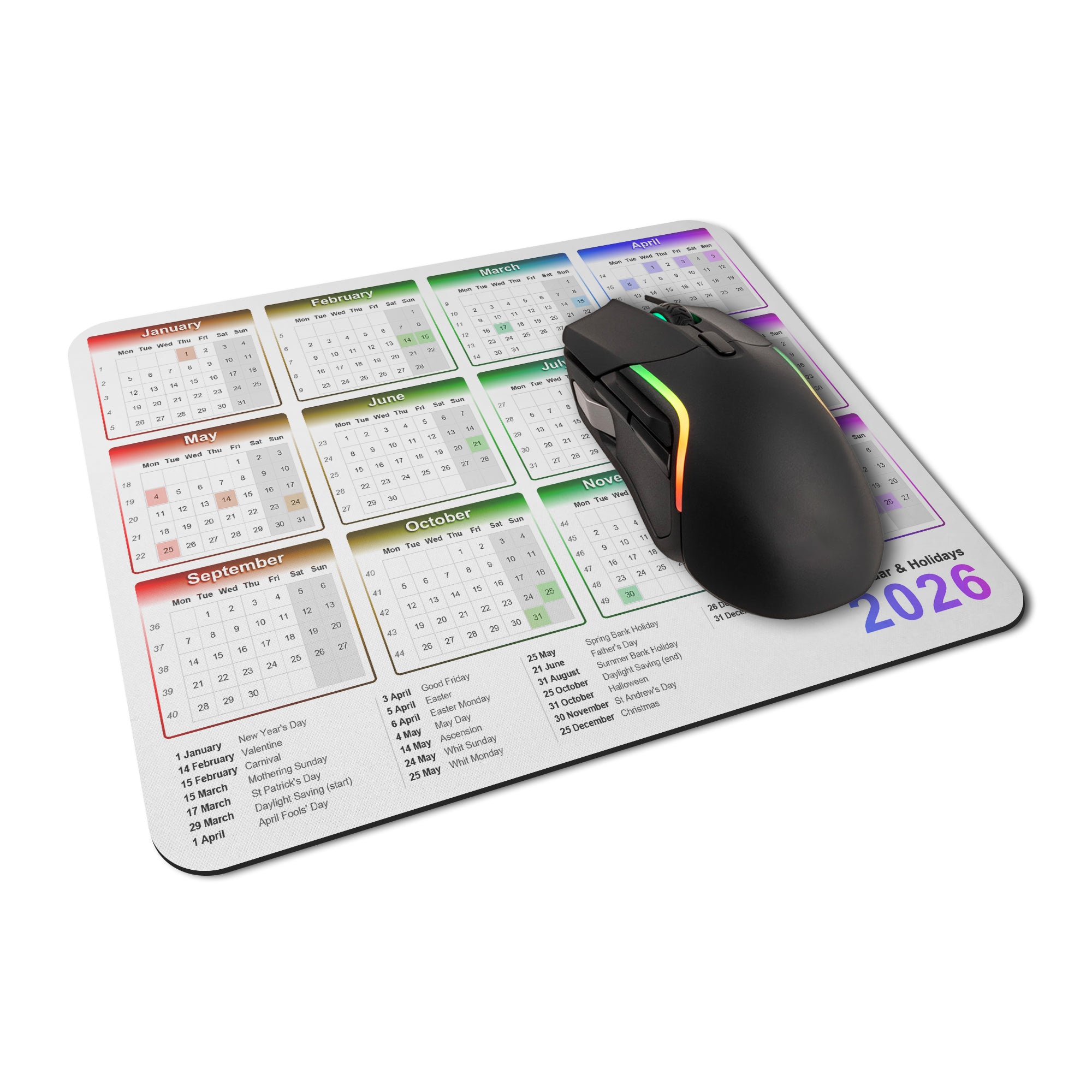 Calendar & Holidays 2026 Rubber Non-slip Computer PC Mousemat - Standard