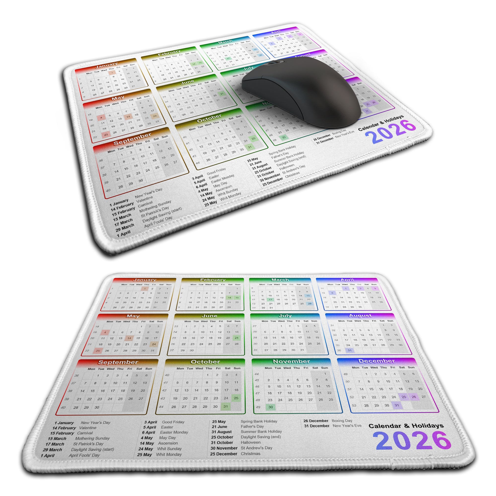 Calendar & Holidays 2026 Rubber Non-slip Computer PC Mousemat - Premium Stitched