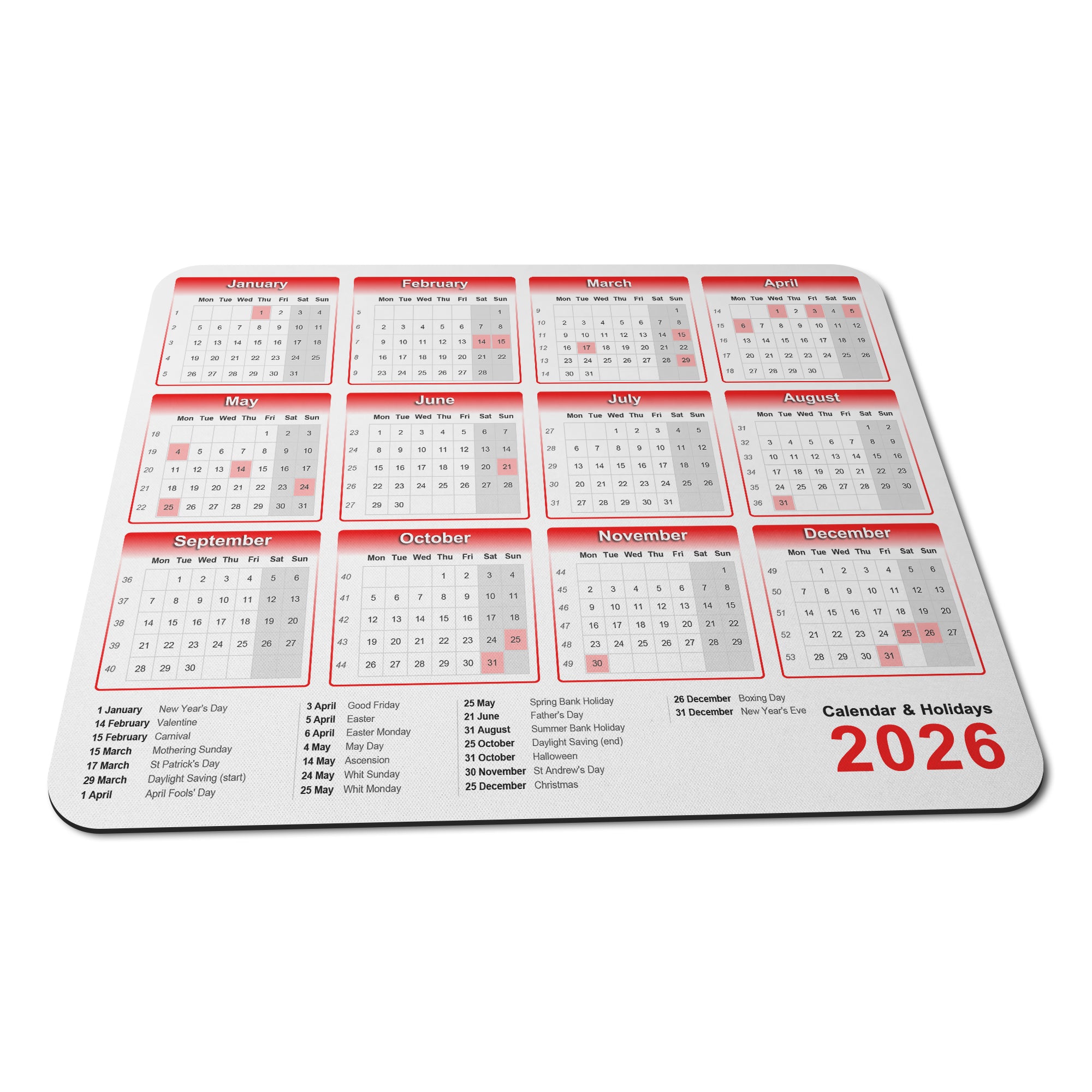 Calendar & Holidays 2026 Rubber Non-slip Computer PC Mousemat - Standard