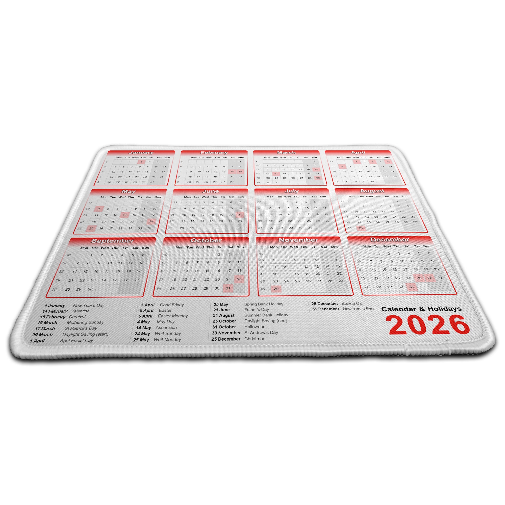 Calendar & Holidays 2026 Rubber Non-slip Computer PC Mousemat - Premium Stitched