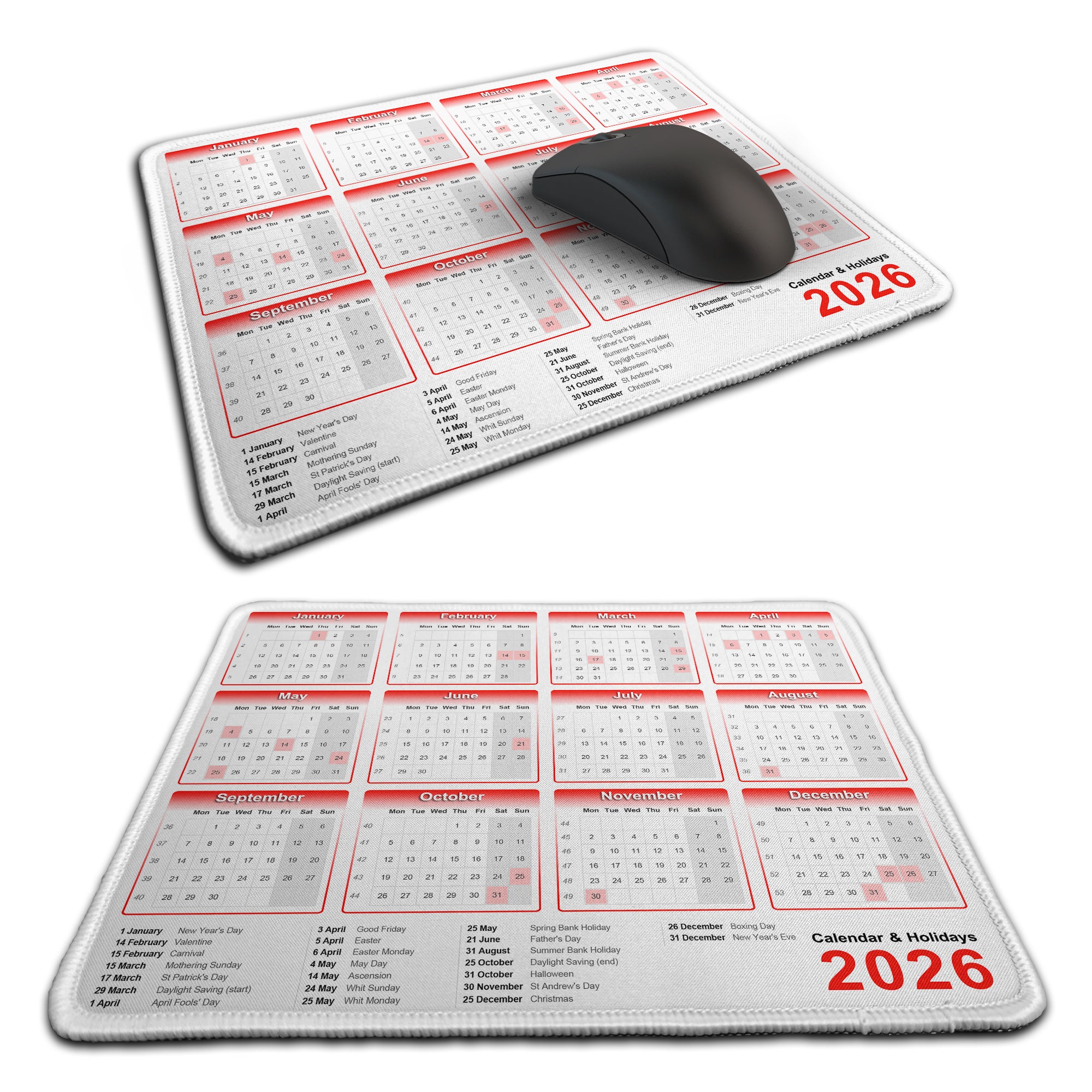 Calendar & Holidays 2026 Rubber Non-slip Computer PC Mousemat - Premium Stitched