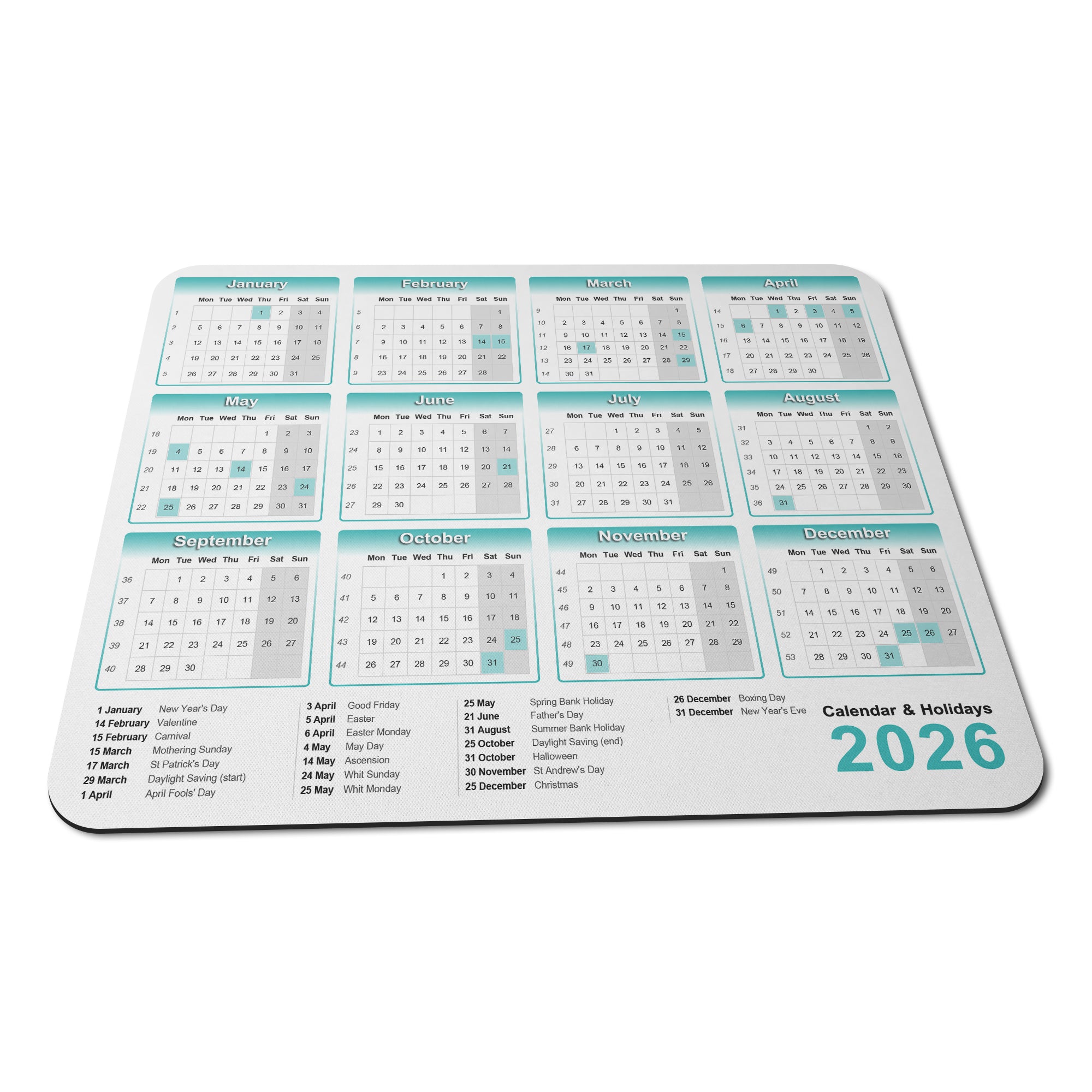 Calendar & Holidays 2026 Rubber Non-slip Computer PC Mousemat - Standard