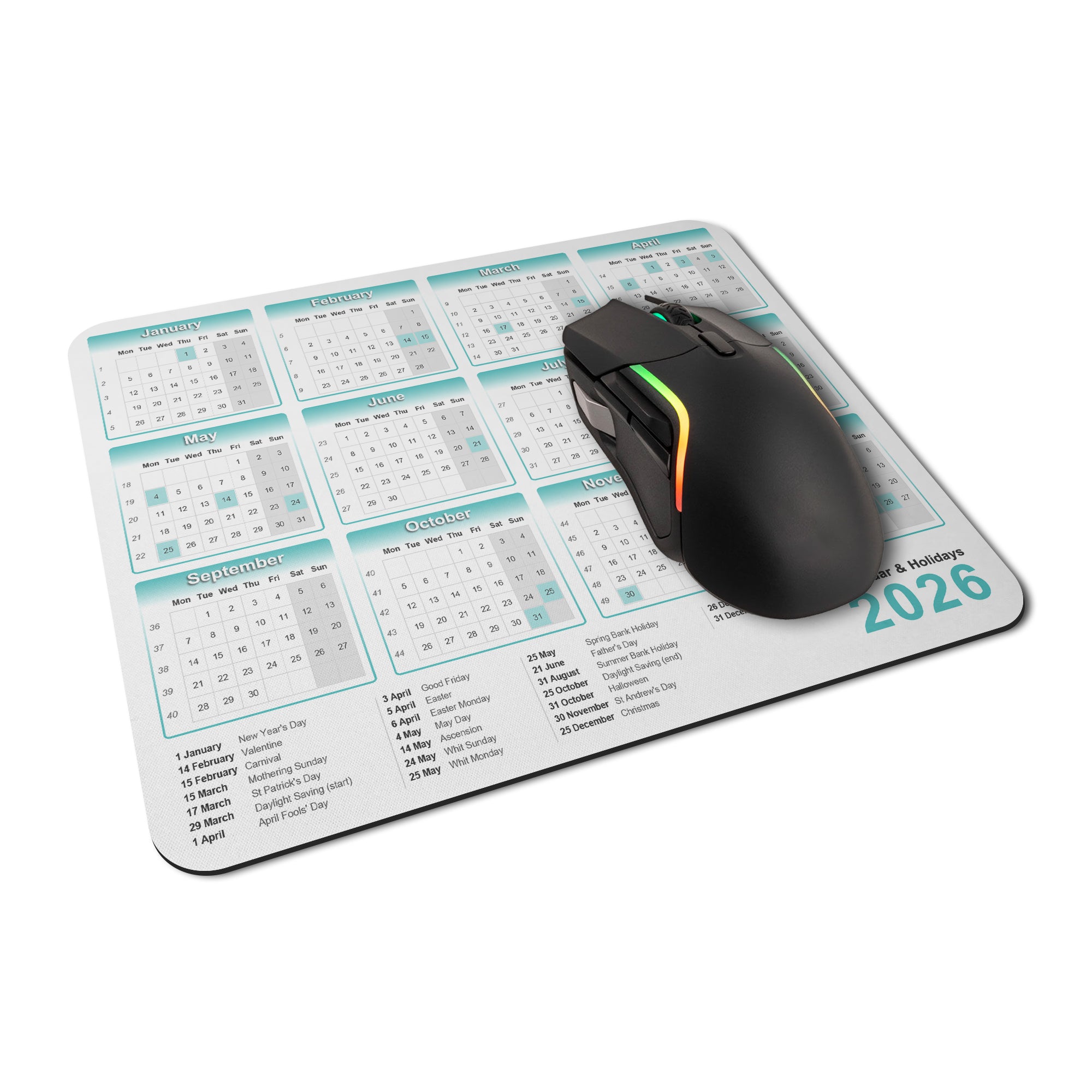 Calendar & Holidays 2026 Rubber Non-slip Computer PC Mousemat - Standard