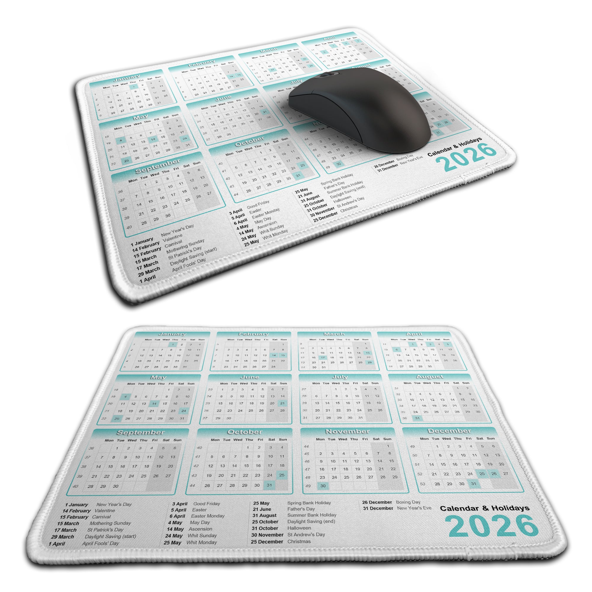 Calendar & Holidays 2026 Rubber Non-slip Computer PC Mousemat - Premium Stitched