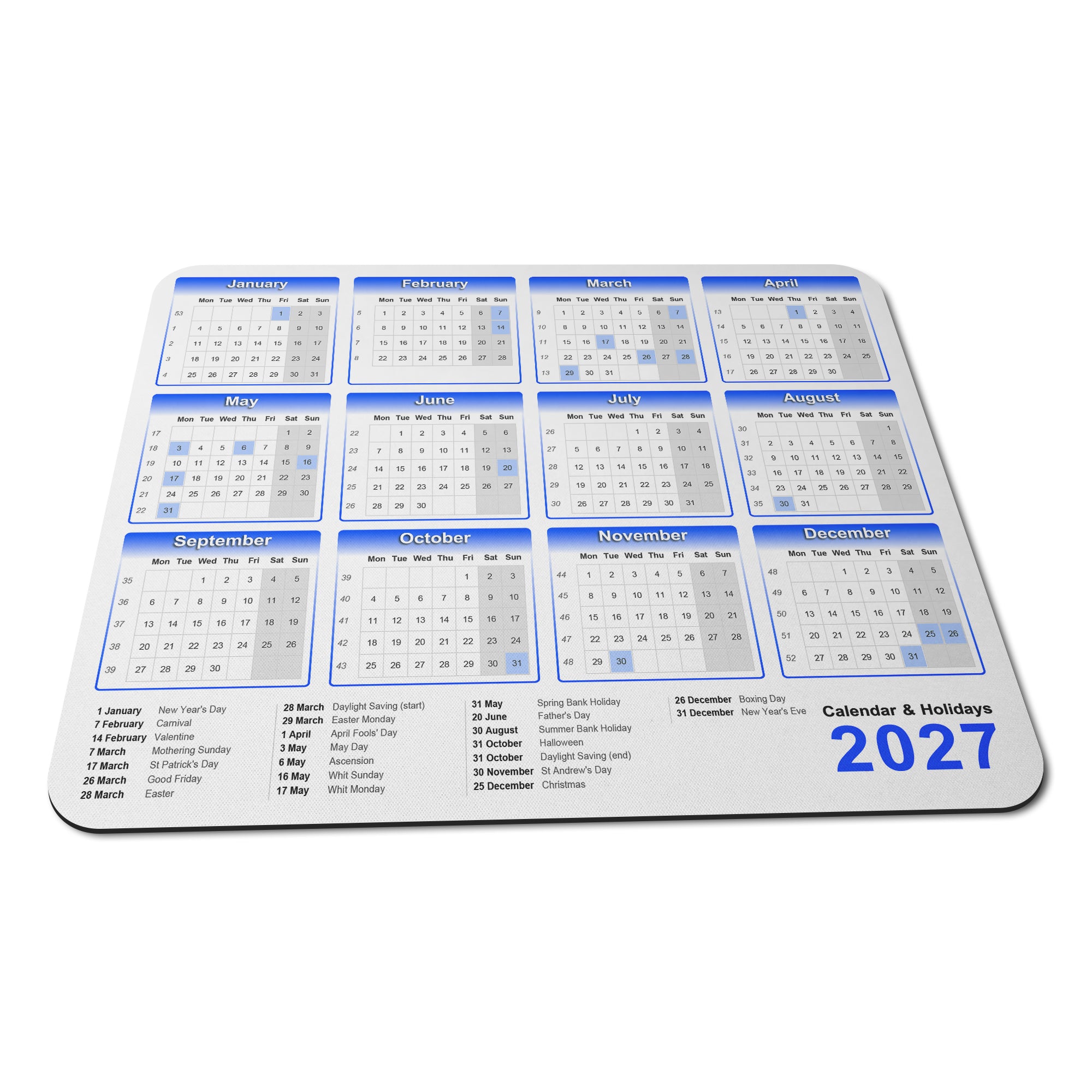 Calendar & Holidays 2027 Rubber Non-slip Computer PC Mousemat - Standard