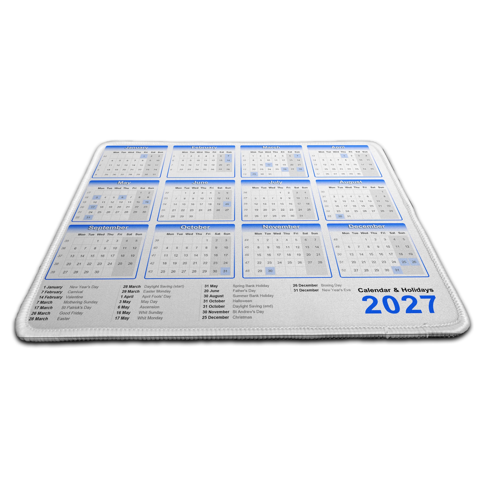 Calendar & Holidays 2027 Rubber Non-slip Computer PC Mousemat - Premium Stitched