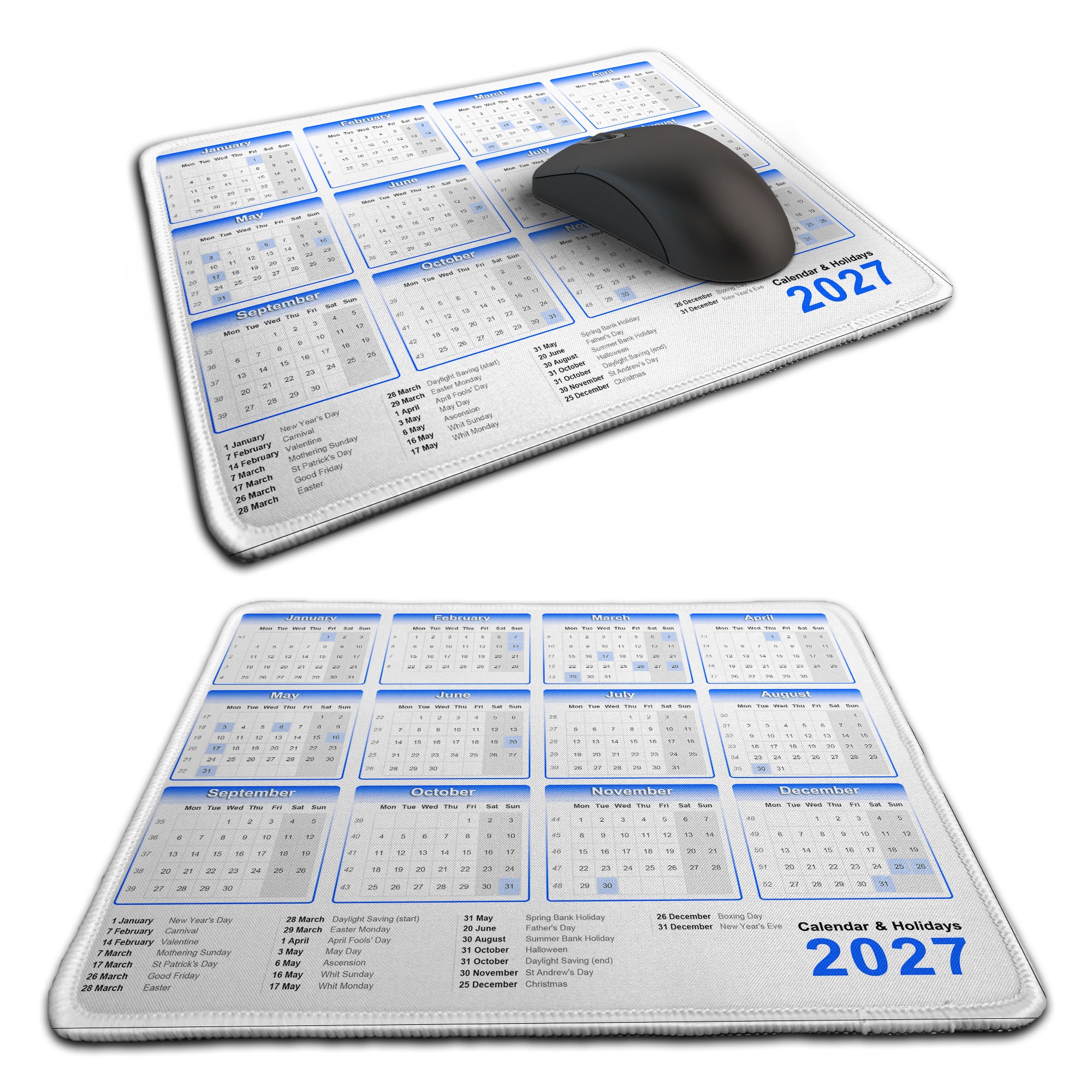 Calendar & Holidays 2027 Rubber Non-slip Computer PC Mousemat - Premium Stitched
