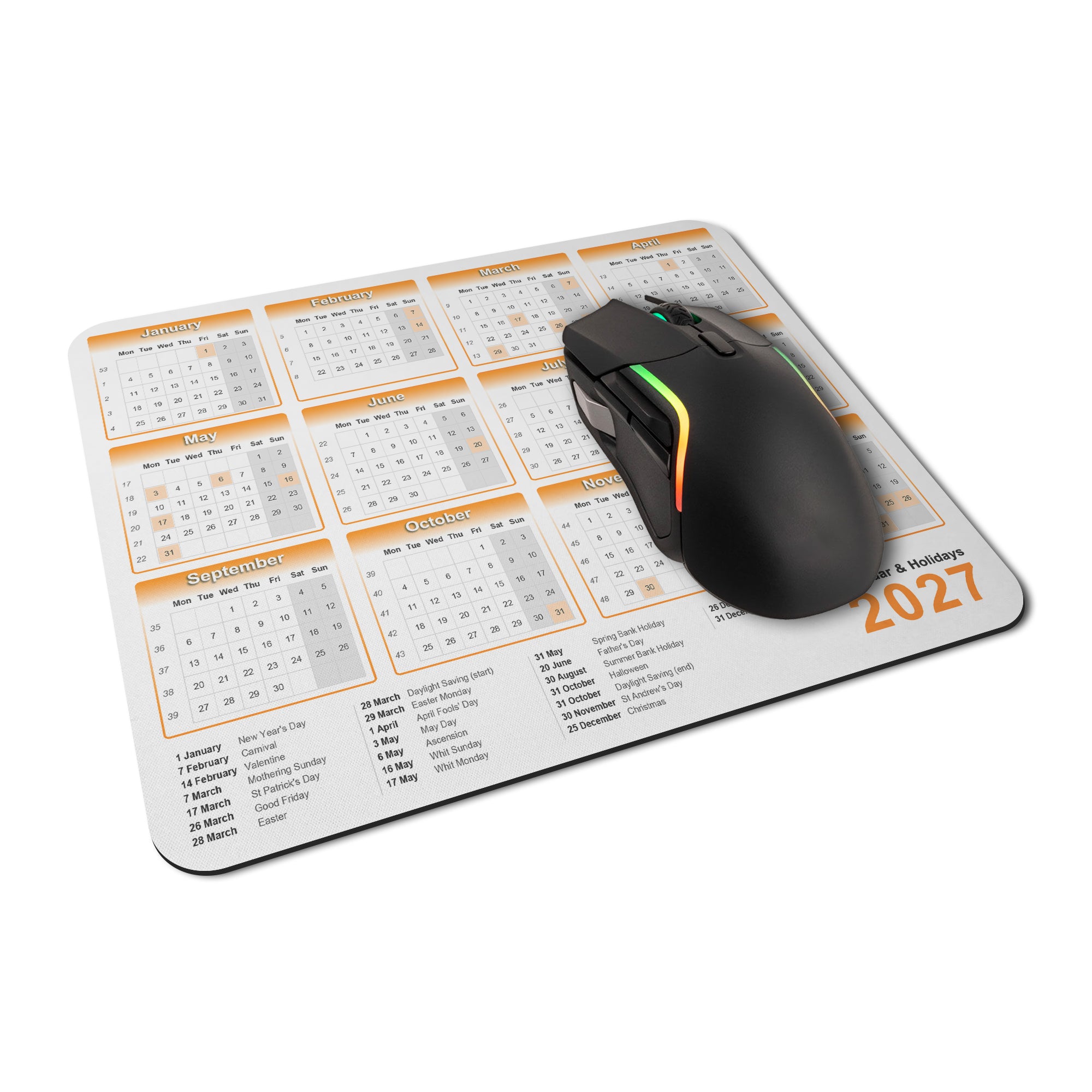 Calendar & Holidays 2027 Rubber Non-slip Computer PC Mousemat - Standard