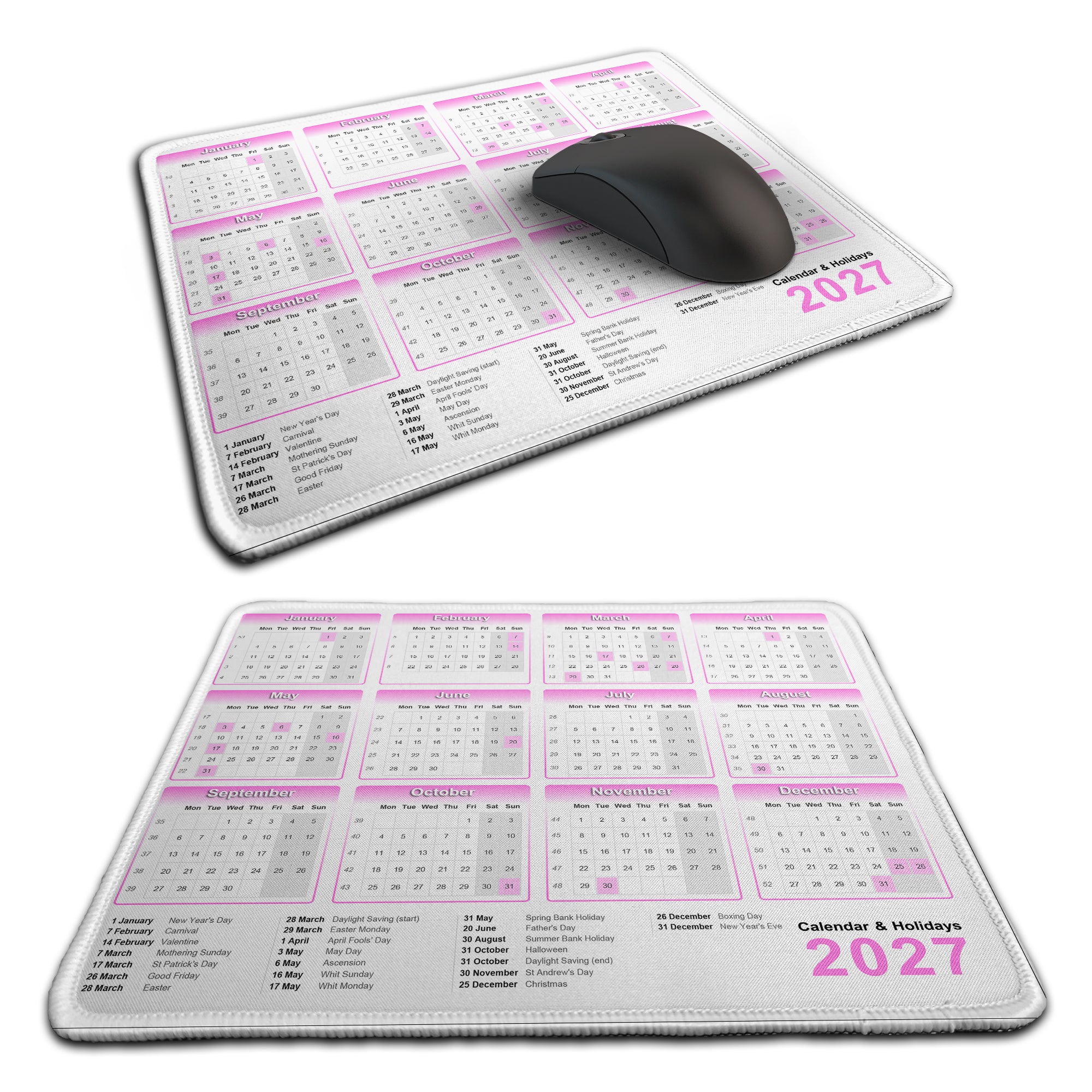 Calendar & Holidays 2027 Rubber Non-slip Computer PC Mousemat - Premium Stitched