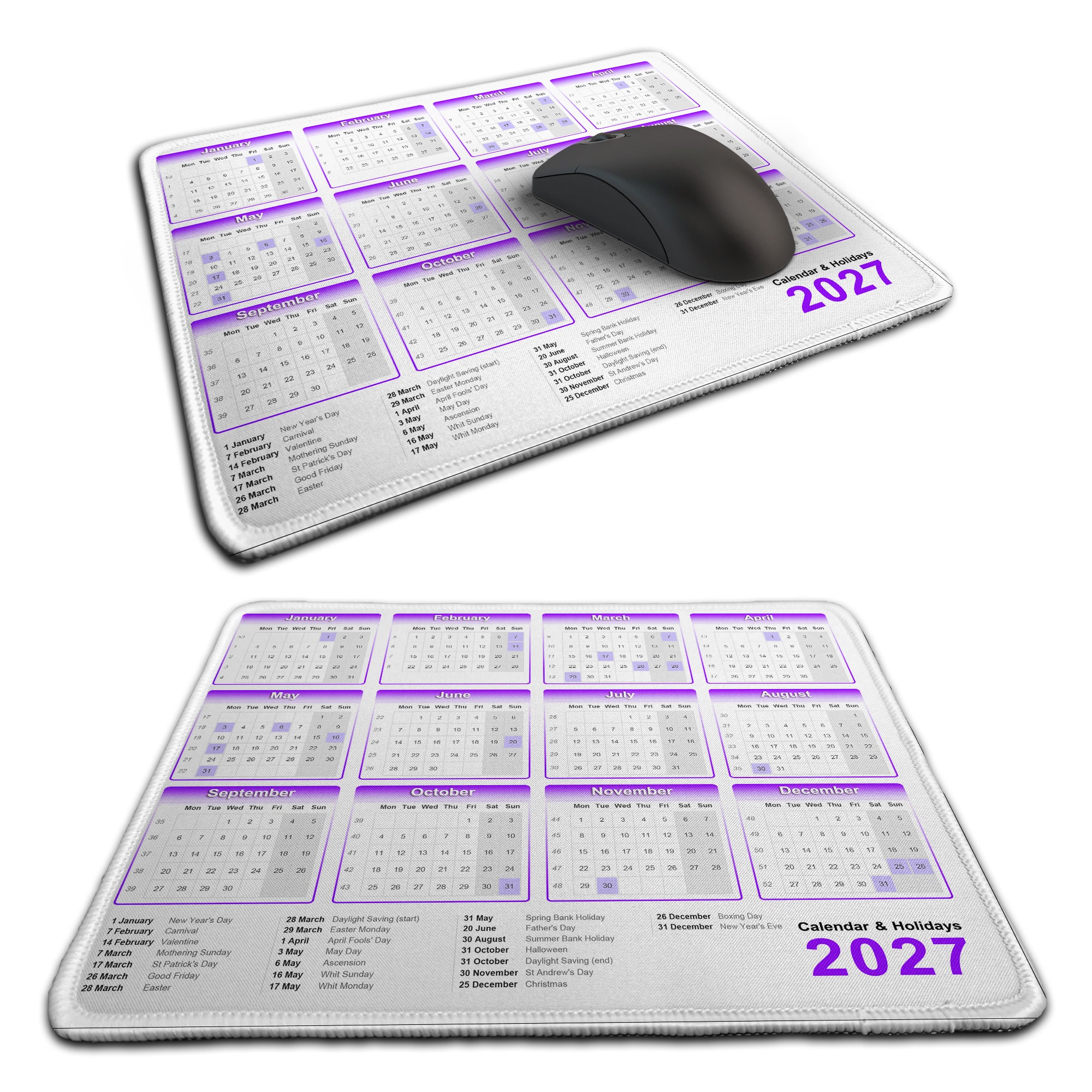 Calendar & Holidays 2027 Rubber Non-slip Computer PC Mousemat - Premium Stitched