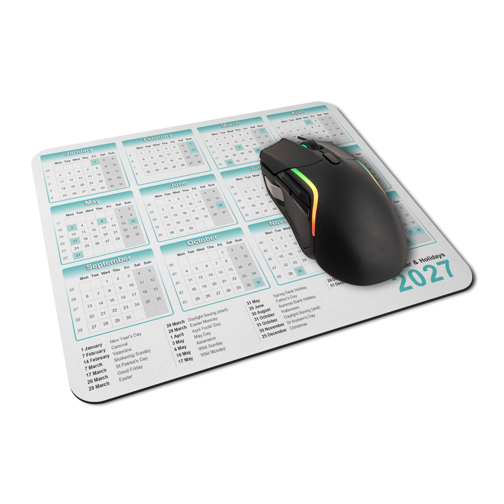 Calendar & Holidays 2027 Rubber Non-slip Computer PC Mousemat - Standard