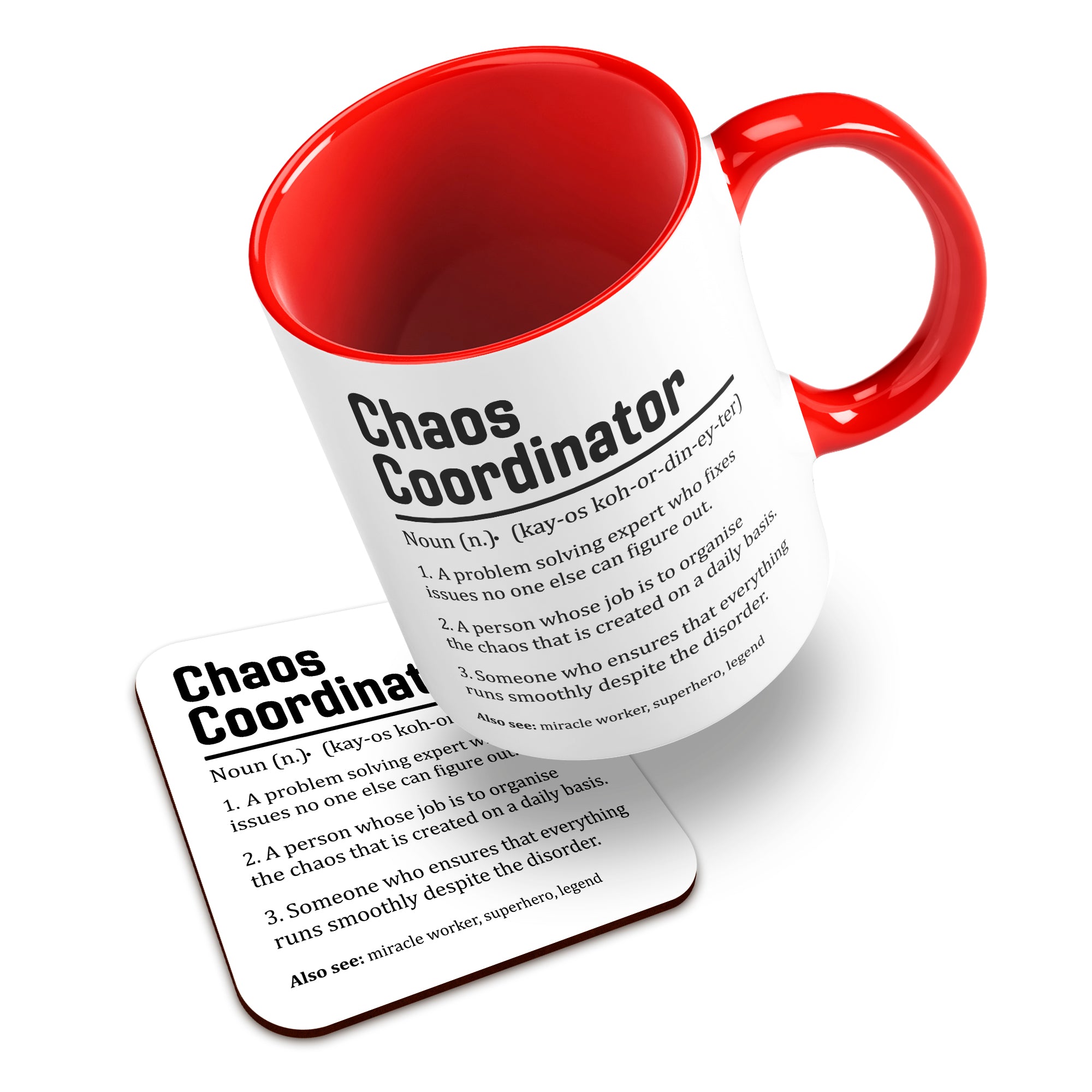 Chaos Coordinator Sarcastic Definition Ceramic Mug With High-Gloss Coaster