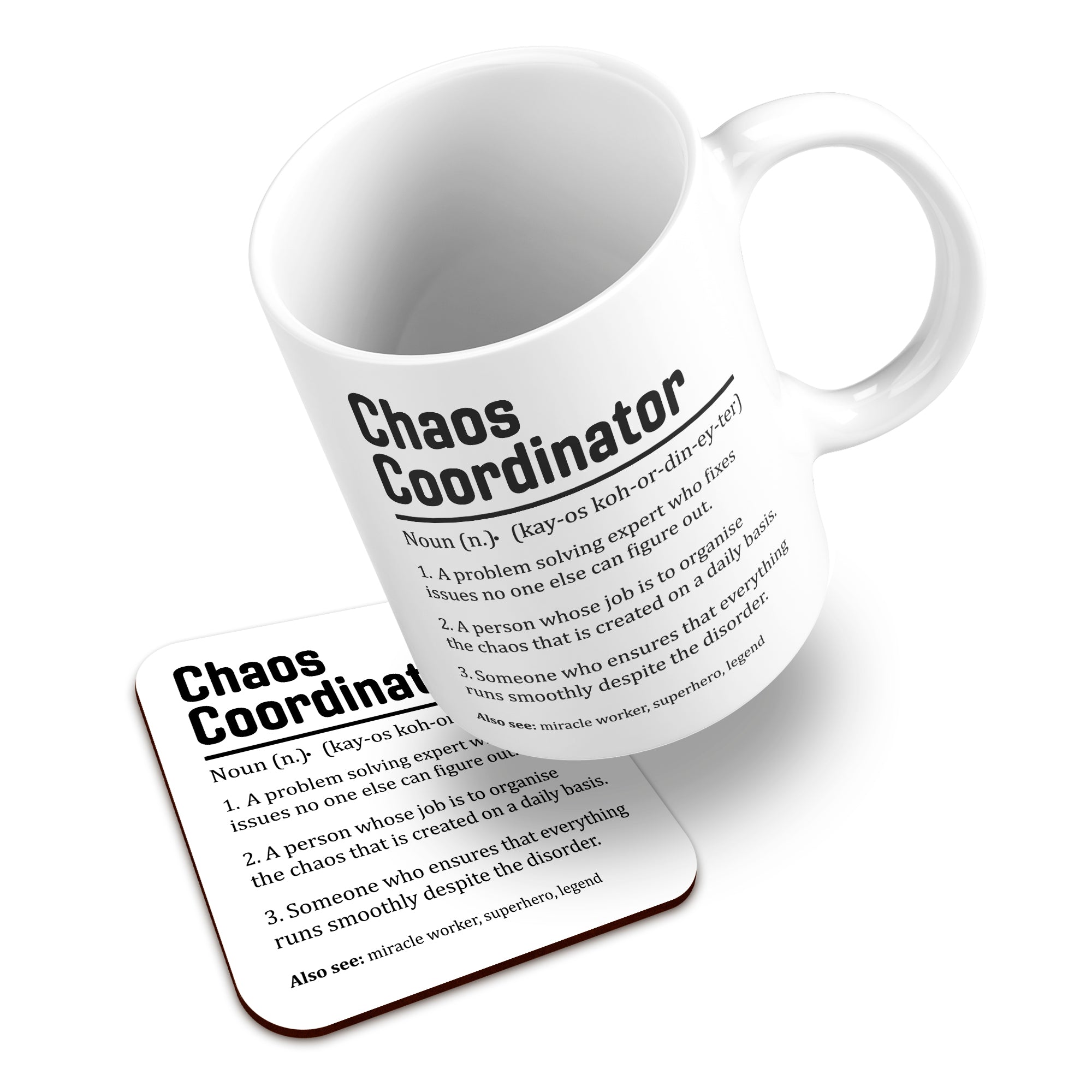 Chaos Coordinator Sarcastic Definition Ceramic Mug With High-Gloss Coaster