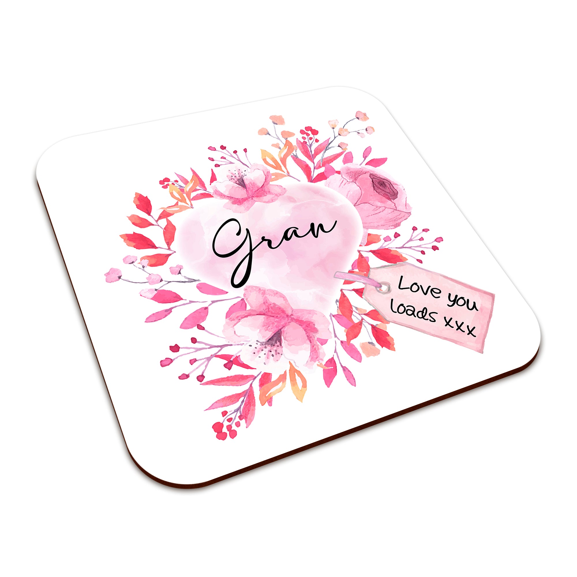 Floral Watercolour Heart With Tag (Relation) Square Smooth High-Gloss Finished Coaster