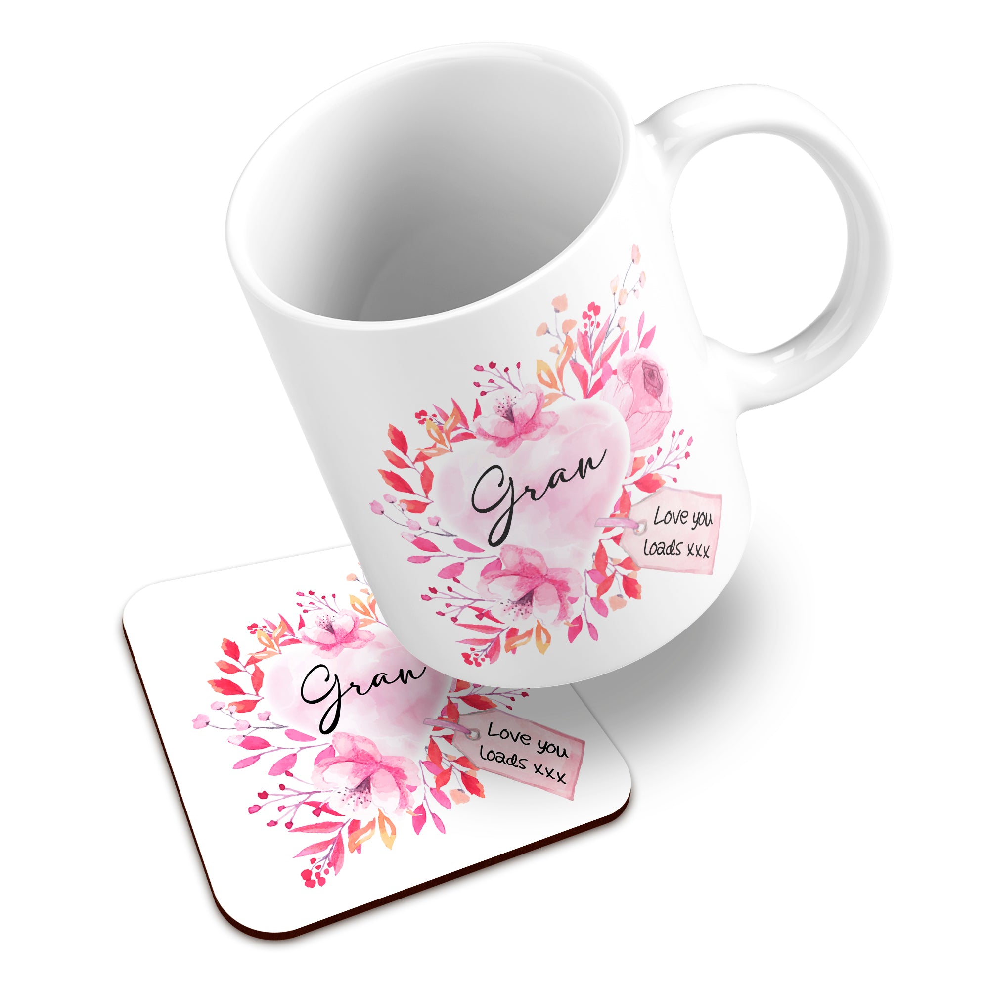 Floral Watercolour Heart With Tag (Relation) Ceramic Mug With High-Gloss Coaster