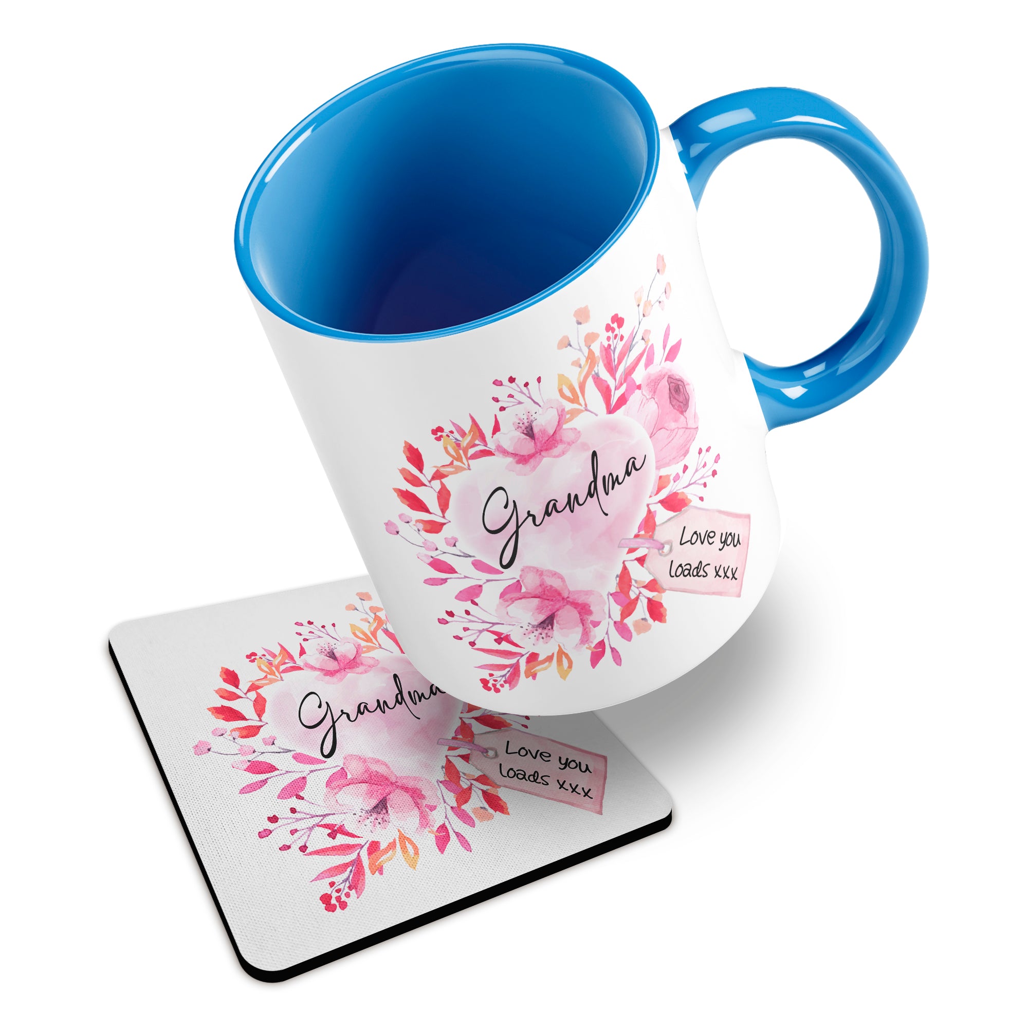 Floral Watercolour Heart With Tag (Relation) Ceramic Mug With Rubber Coaster