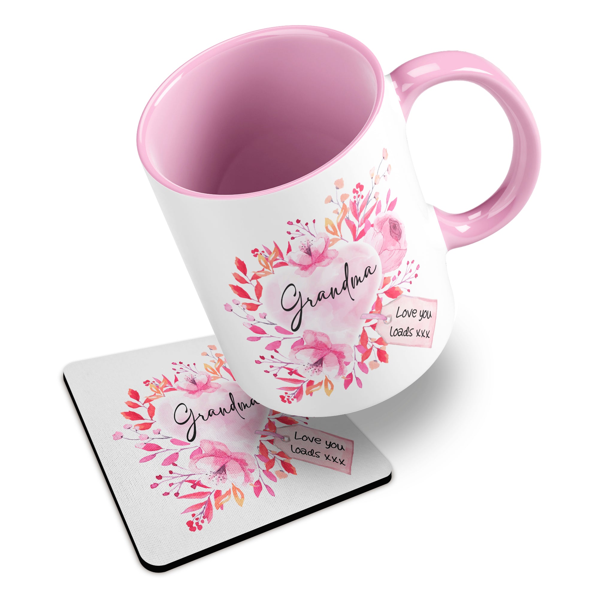 Floral Watercolour Heart With Tag (Relation) Ceramic Mug With Rubber Coaster