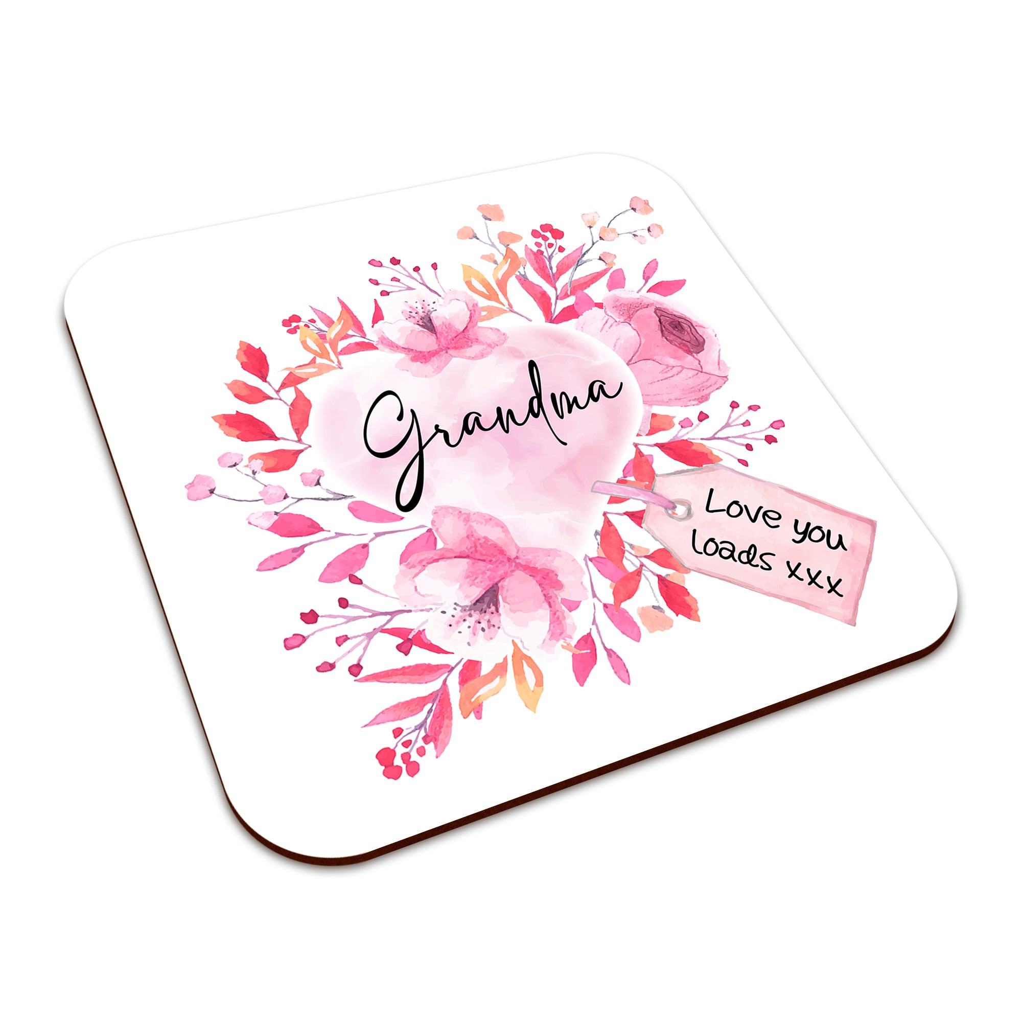 Floral Watercolour Heart With Tag (Relation) Square Smooth High-Gloss Finished Coaster