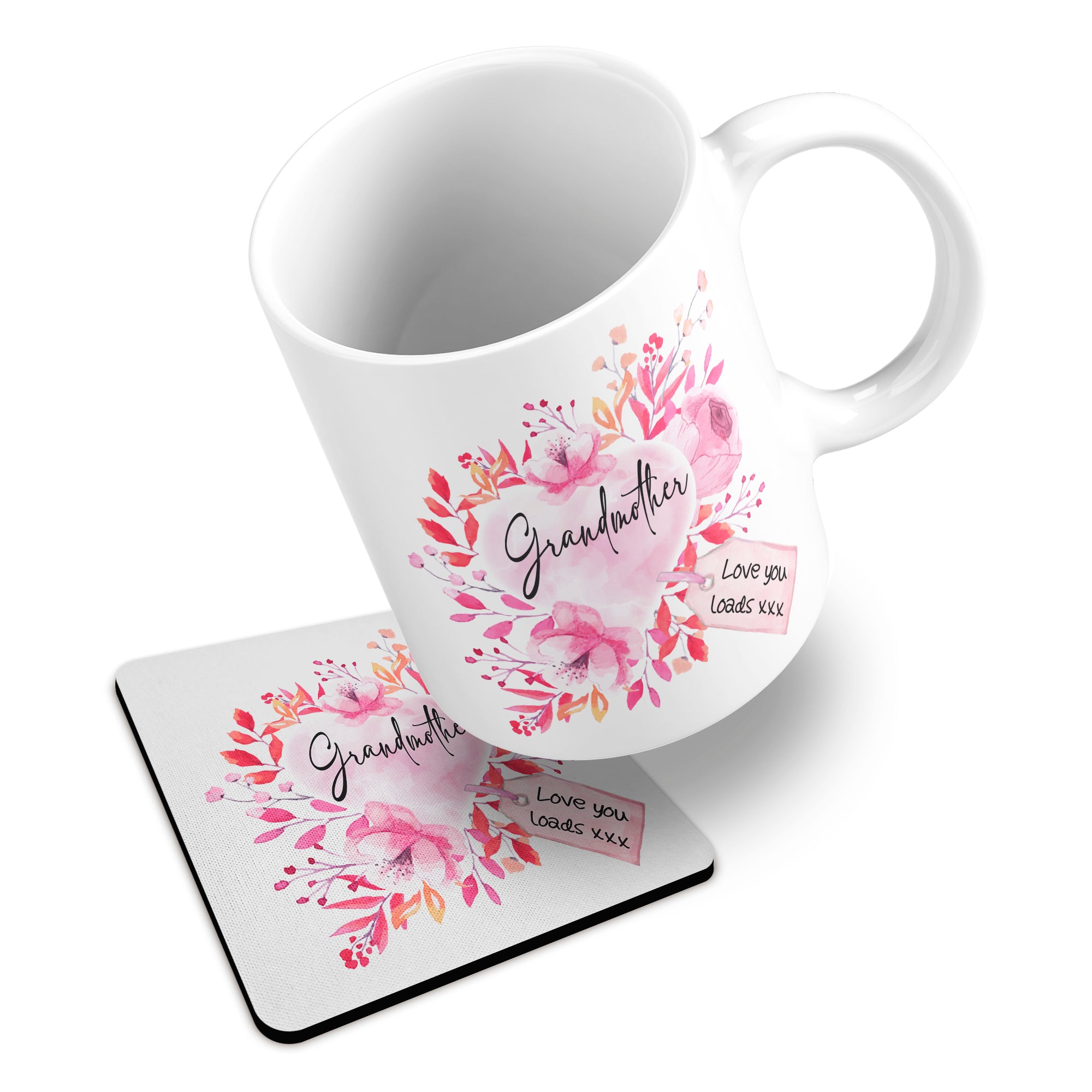 Floral Watercolour Heart With Tag (Relation) Ceramic Mug With Rubber Coaster