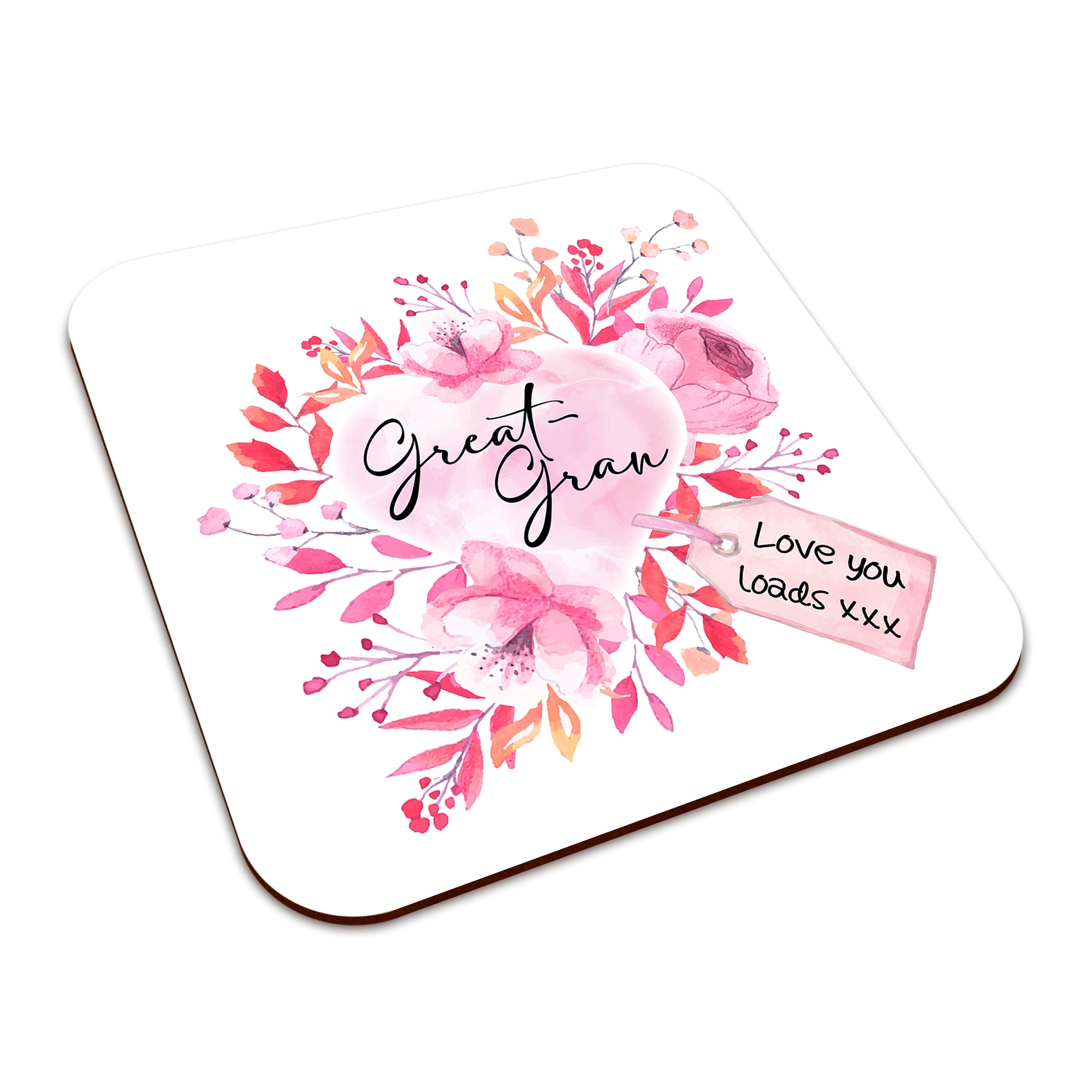 Floral Watercolour Heart With Tag (Relation) Square Smooth High-Gloss Finished Coaster