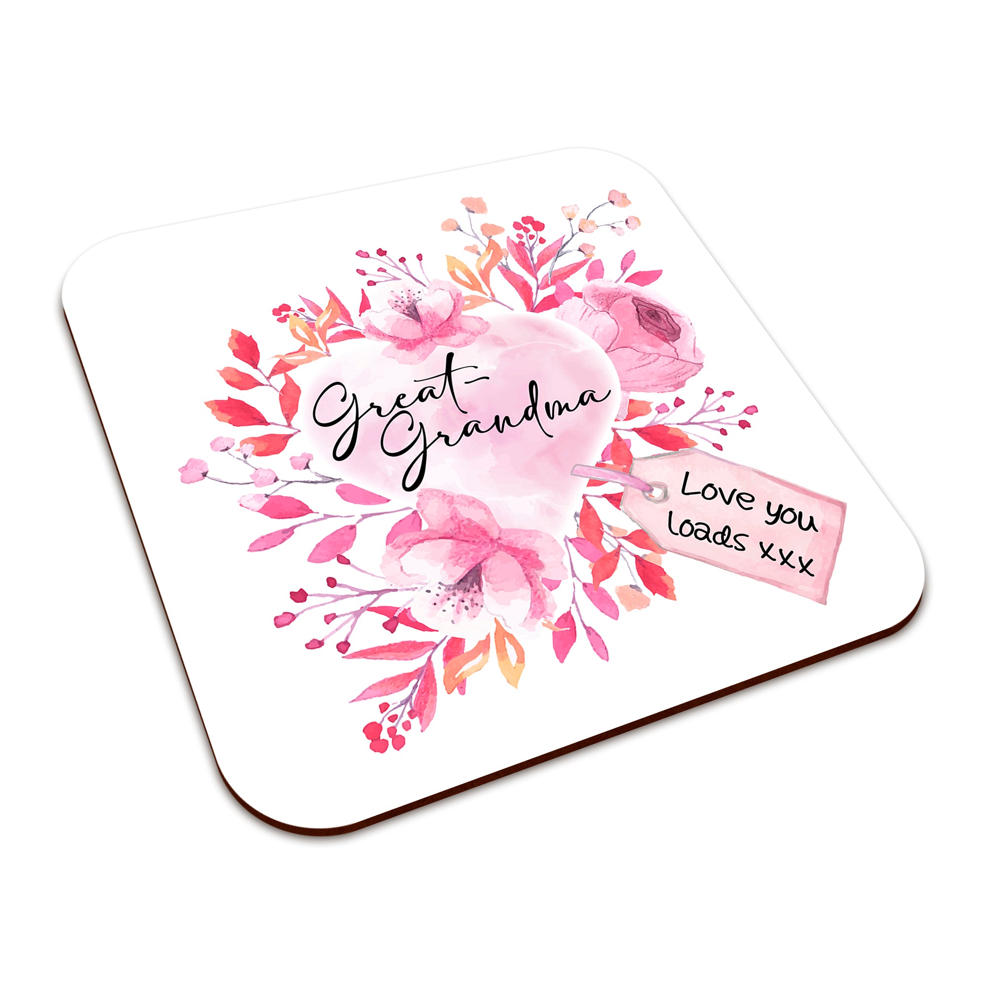 Floral Watercolour Heart With Tag (Relation) Square Smooth High-Gloss Finished Coaster