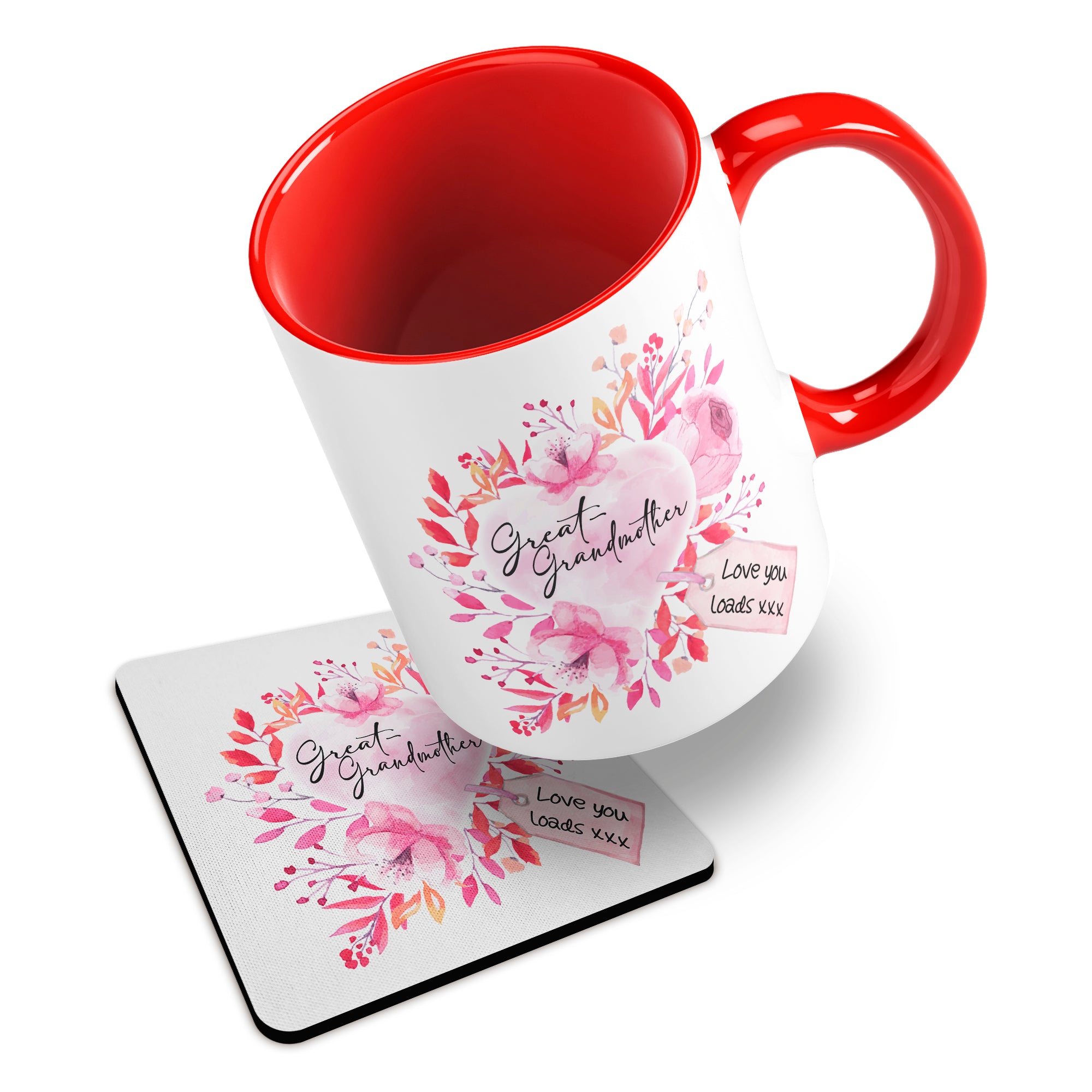 Floral Watercolour Heart With Tag (Relation) Ceramic Mug With Rubber Coaster