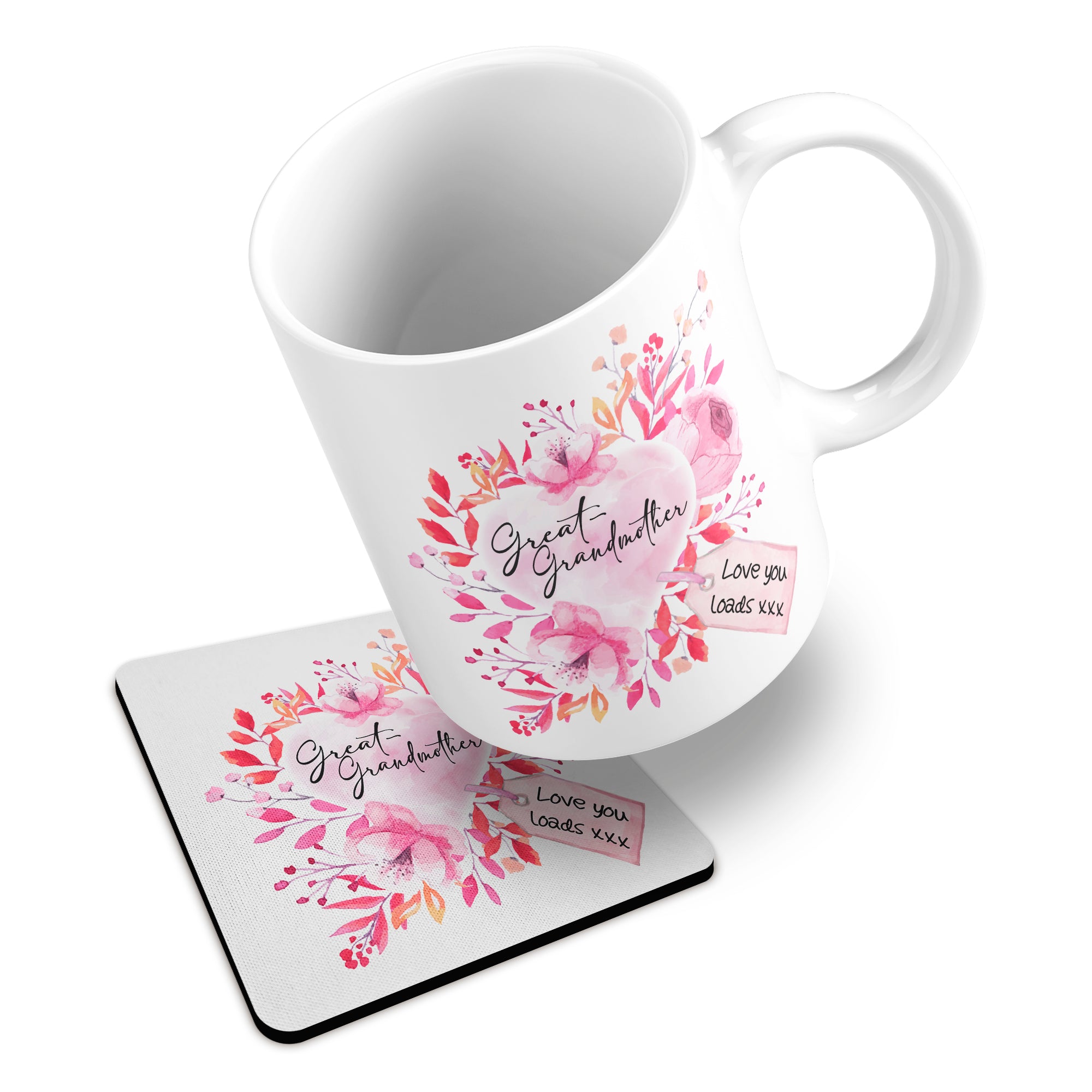 Floral Watercolour Heart With Tag (Relation) Ceramic Mug With Rubber Coaster