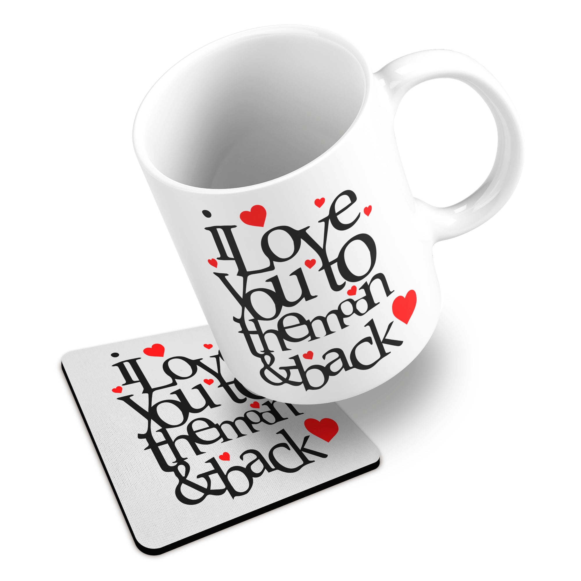 I Love You To The Moon And Back Hearts Ceramic Mug With Rubber Coaster