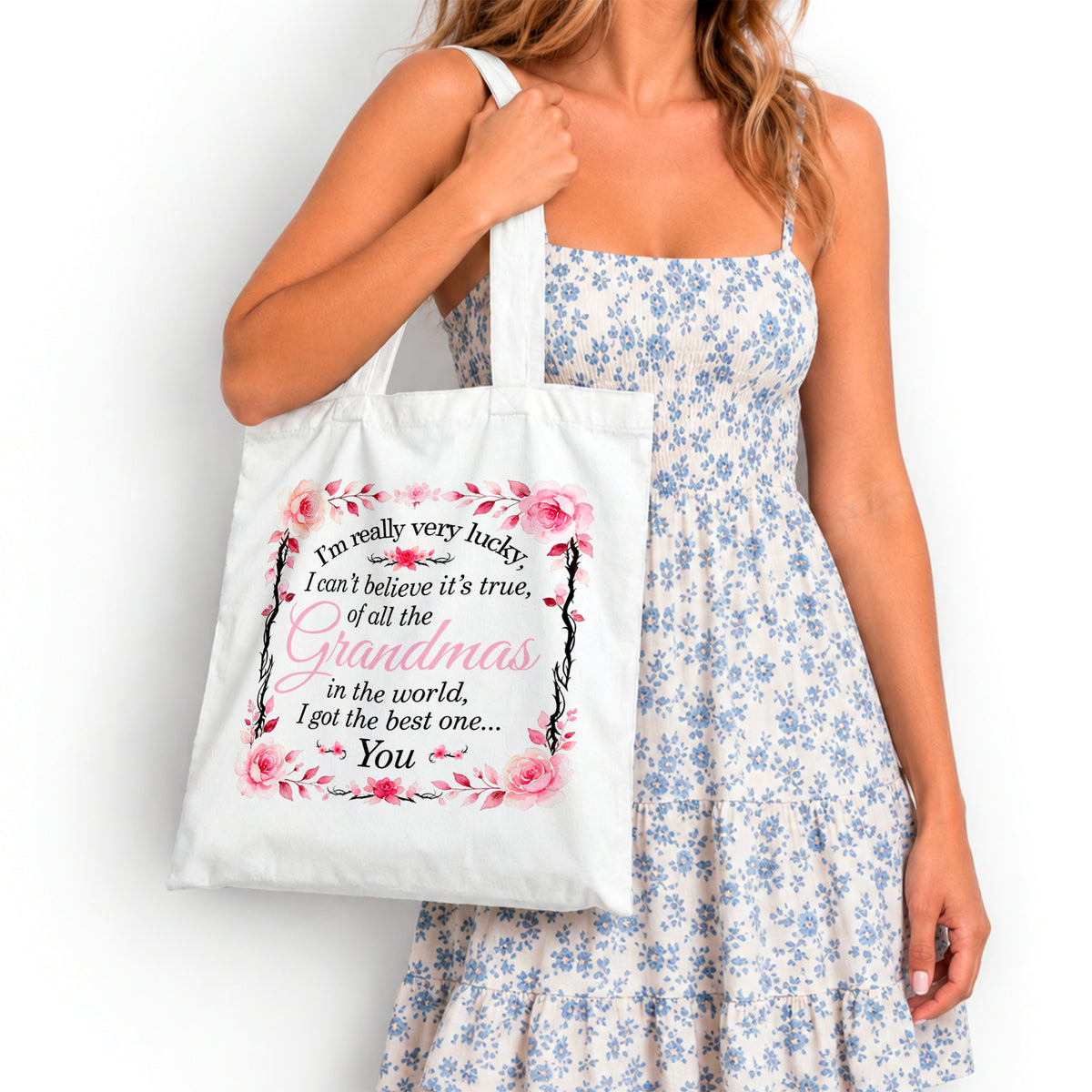 I'm Really Very Lucky – I Got the Best One (Floral) White Reusable Shopper Tote Bag