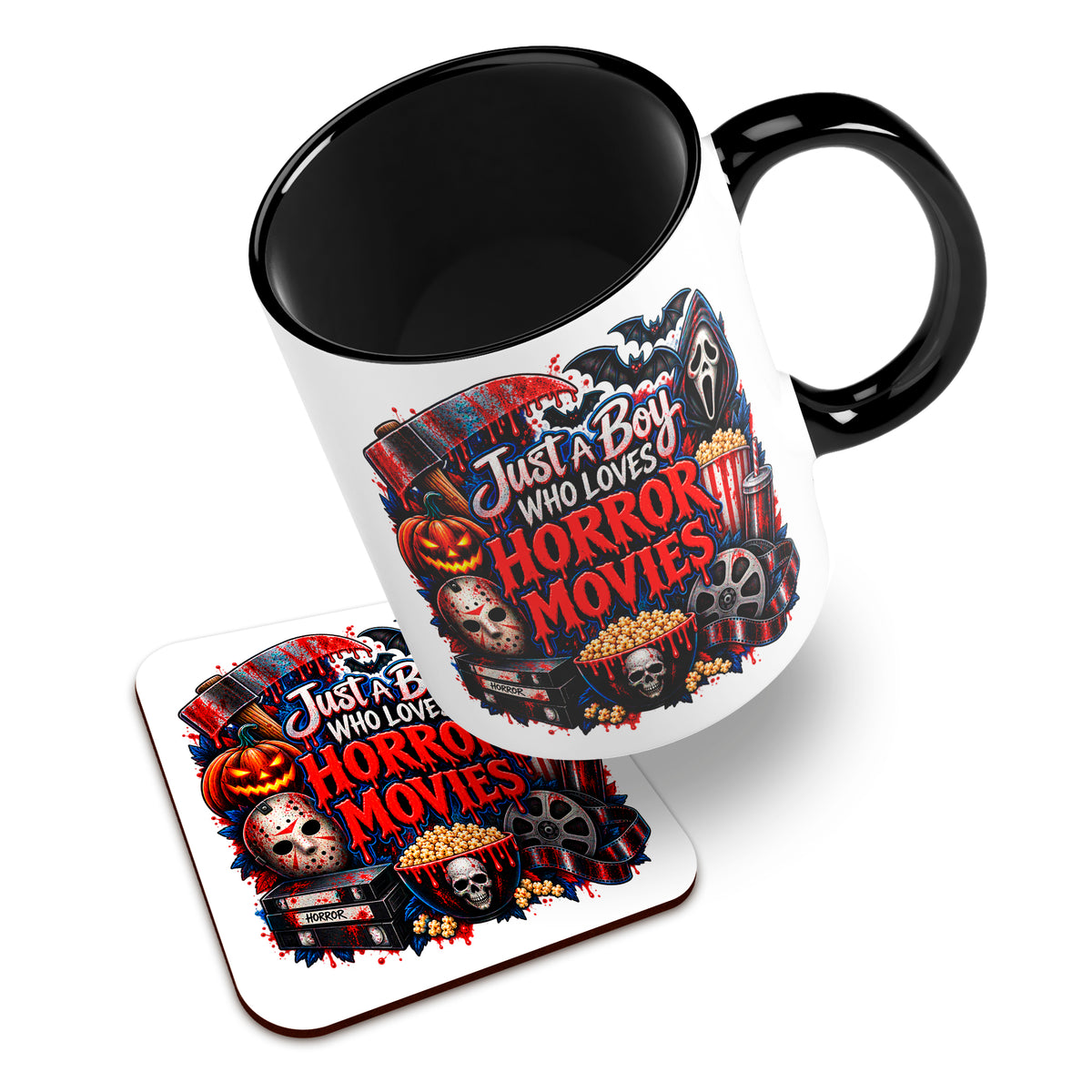 Just A Boy Who Loves Horror Movies Ceramic Mug With High-Gloss Coaster