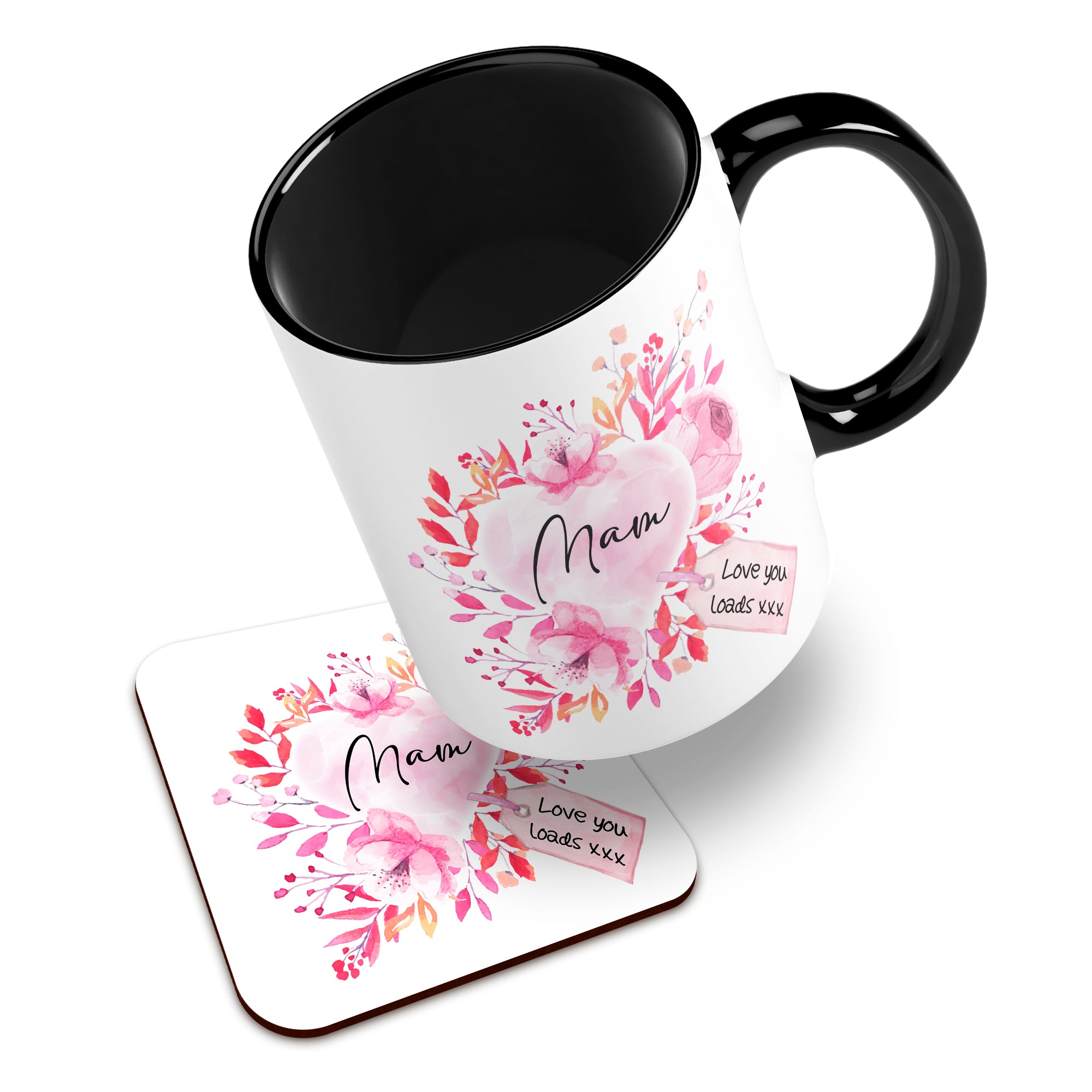 Floral Watercolour Heart With Tag (Relation) Ceramic Mug With High-Gloss Coaster