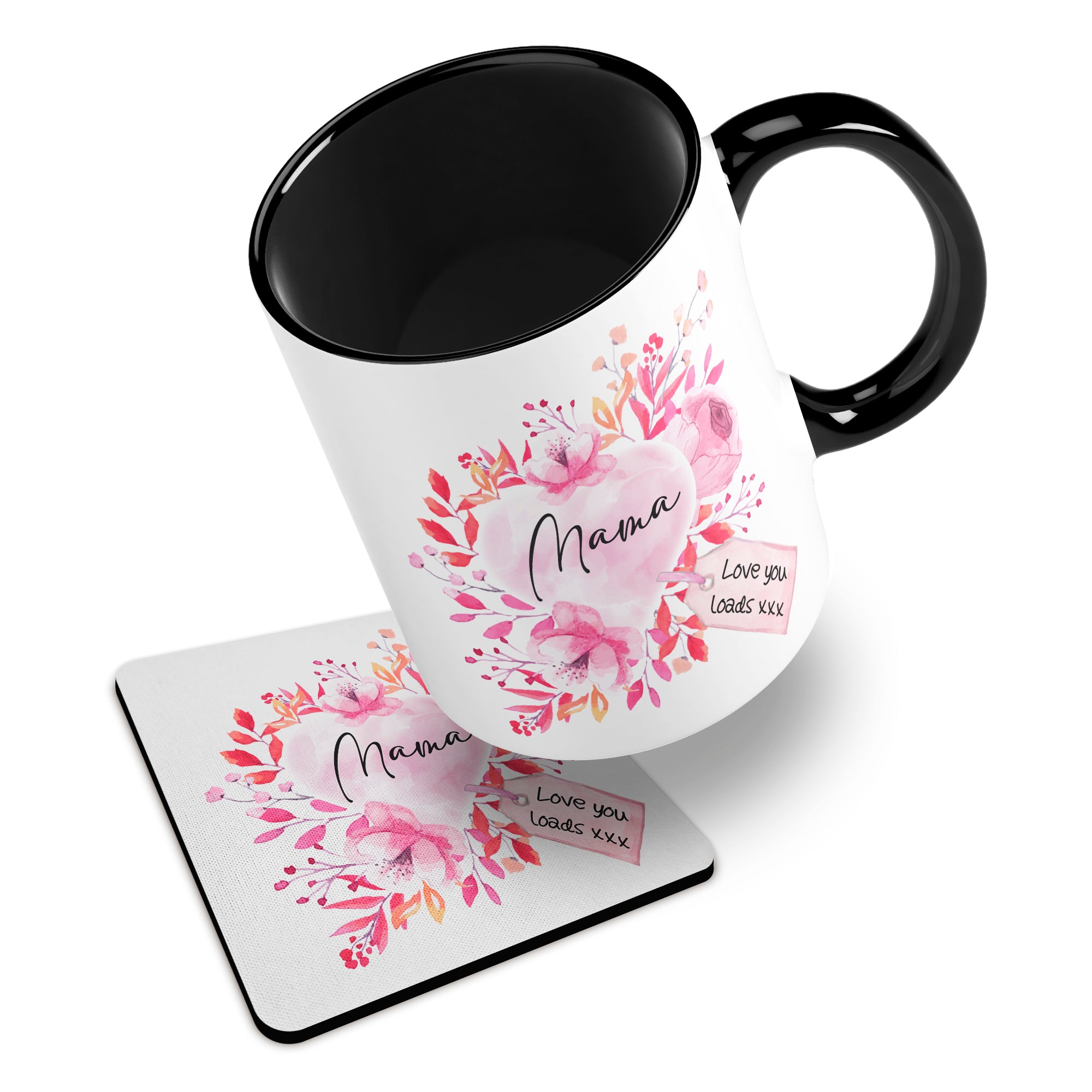 Floral Watercolour Heart With Tag (Relation) Ceramic Mug With Rubber Coaster